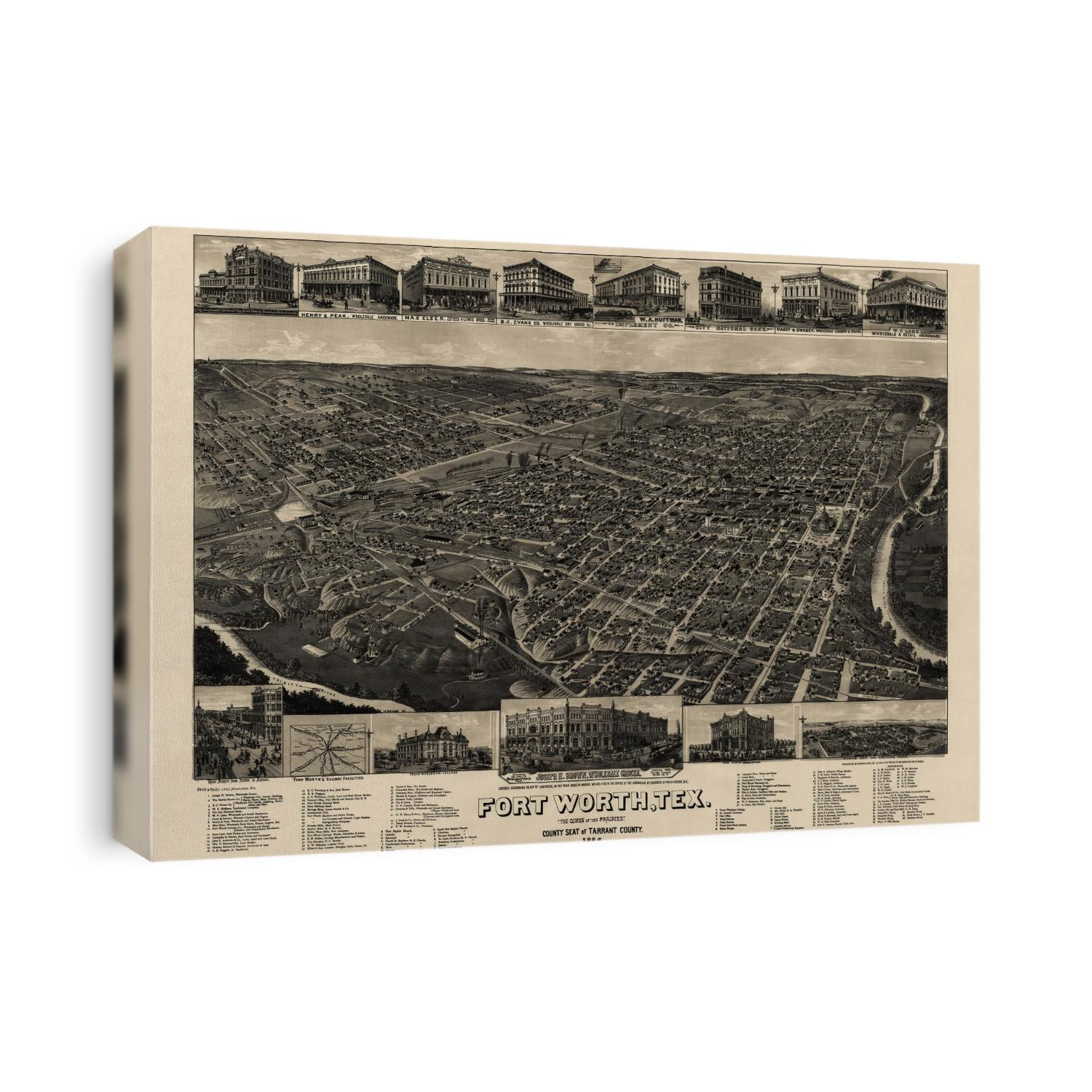 Old bird's eye view map of Fort Worth, Texas from 1886 by H. Wellge.