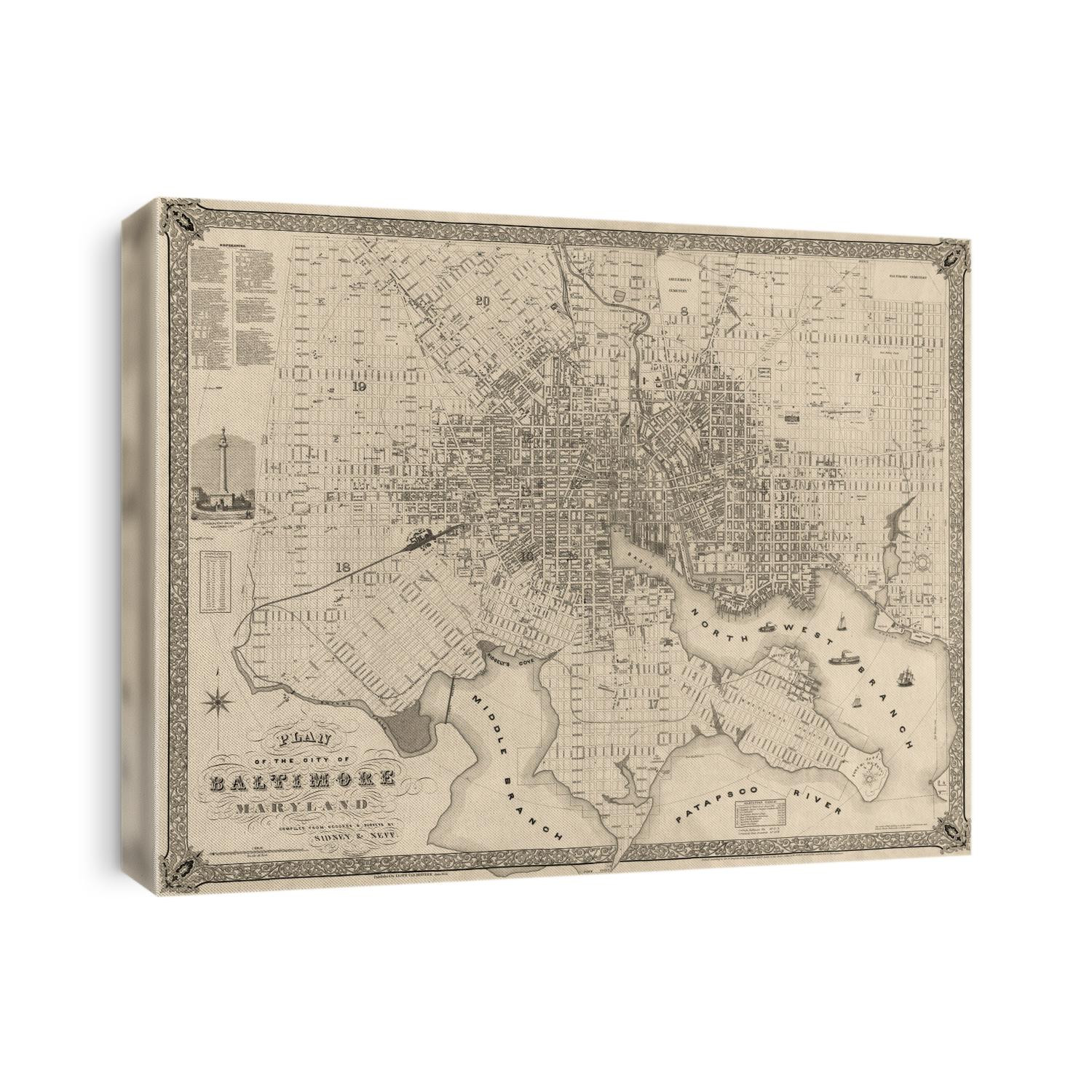 Old map of Baltimore, Maryland from 1851 by Sidney and Neff.