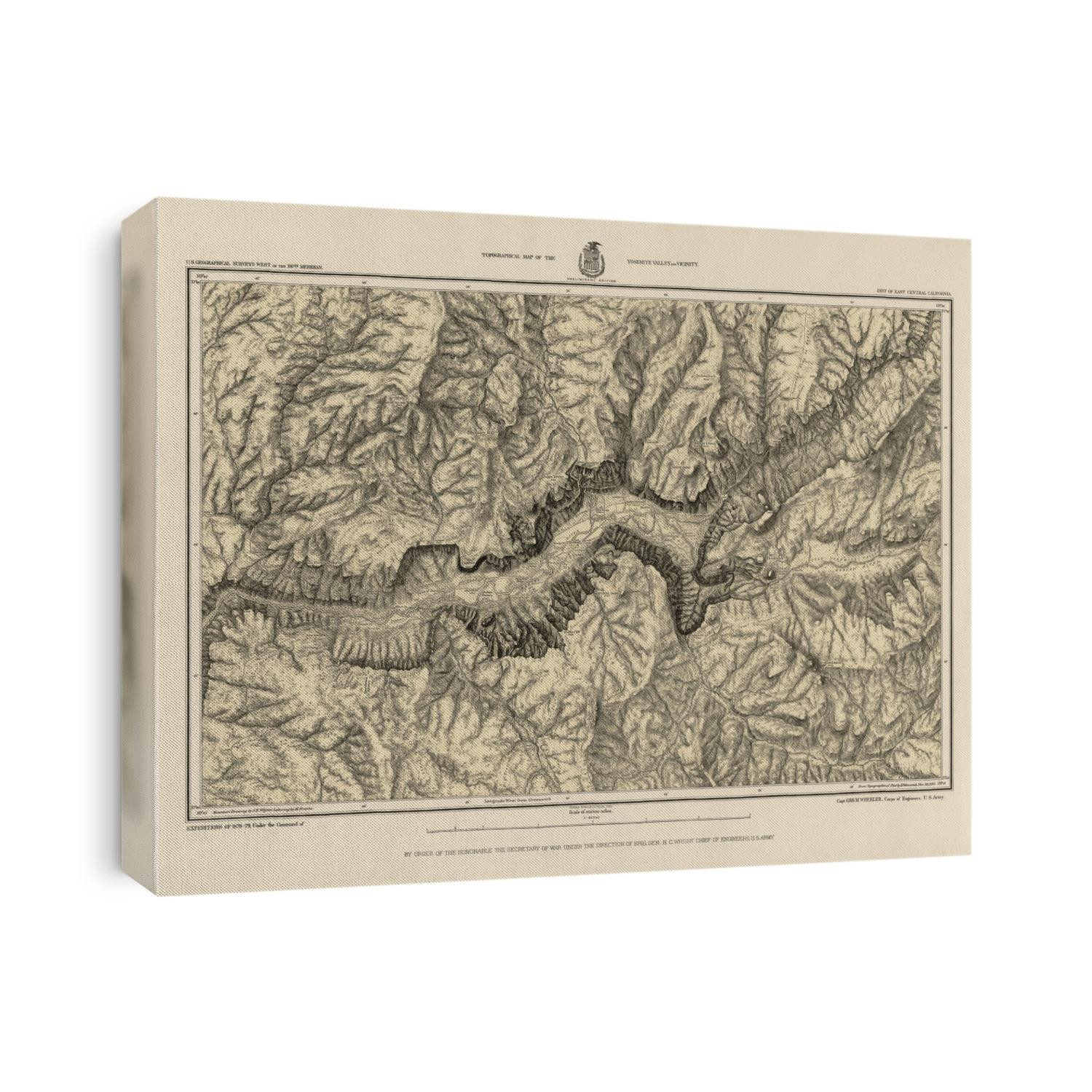 Old map of Yosemite Valley, Yosemite National Park, California from c1884 by George M. Wheeler.