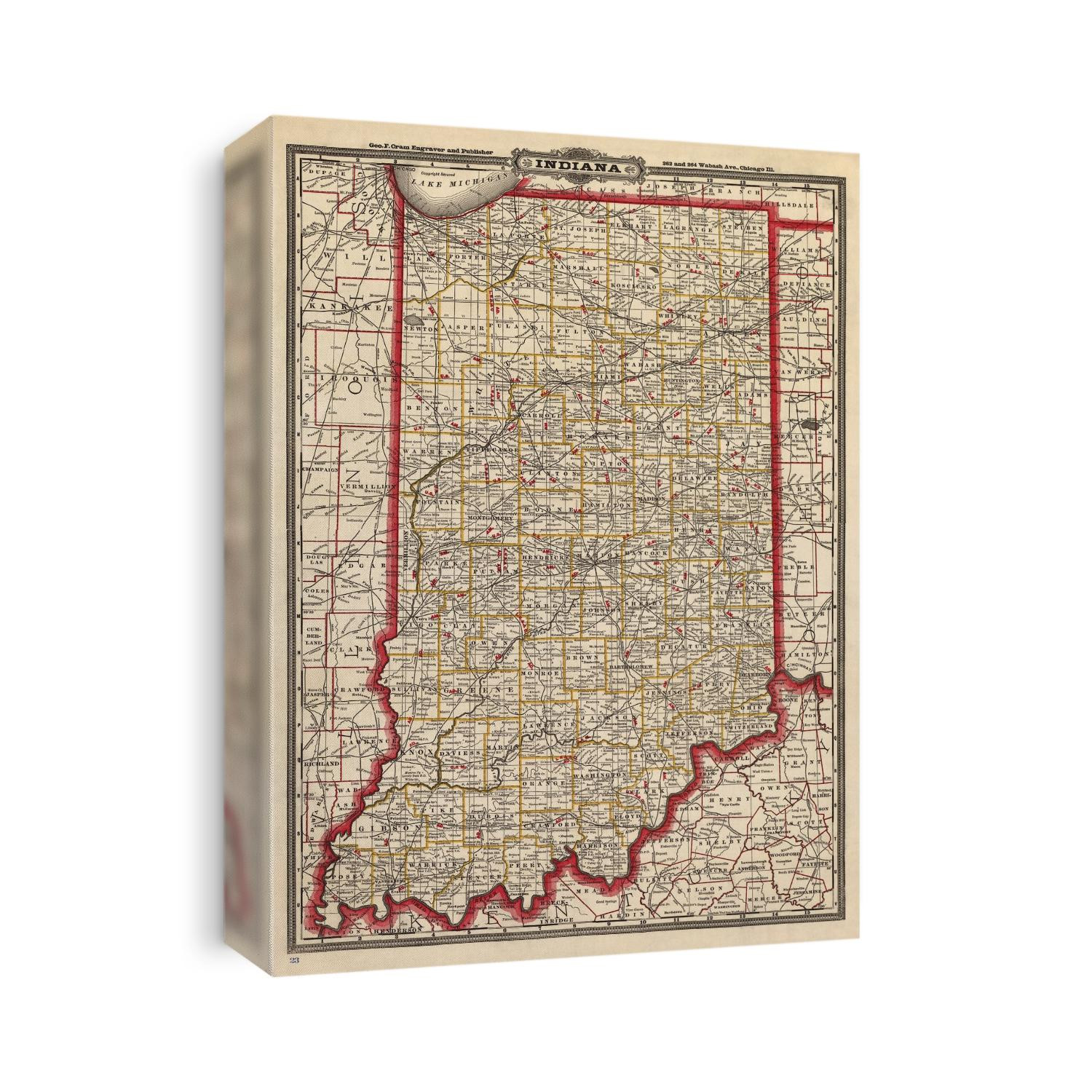 Old map of Indiana from 1888 by George Franklin Cram.