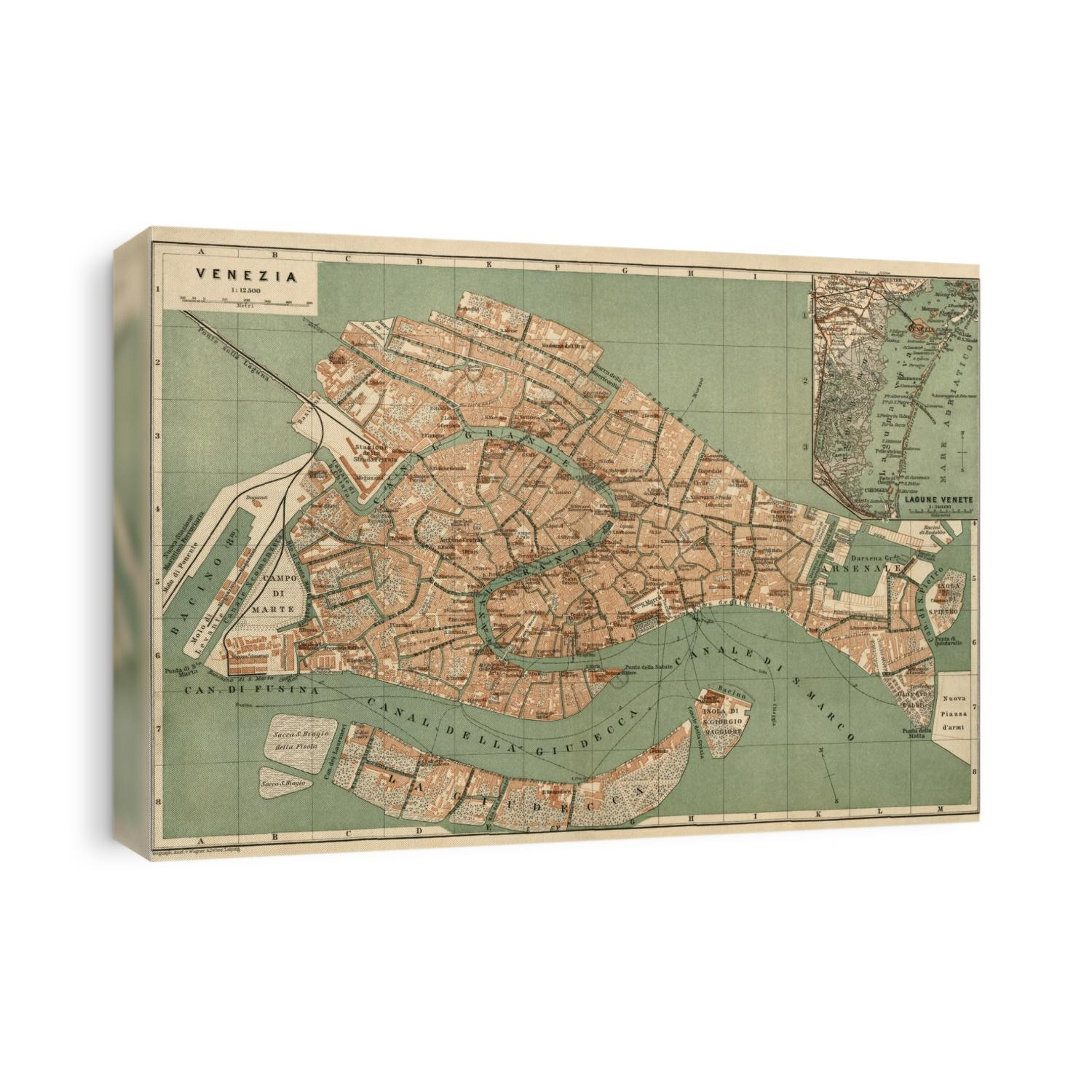 Old map of Venice, Italy from c1886 by Wagner and Debes.