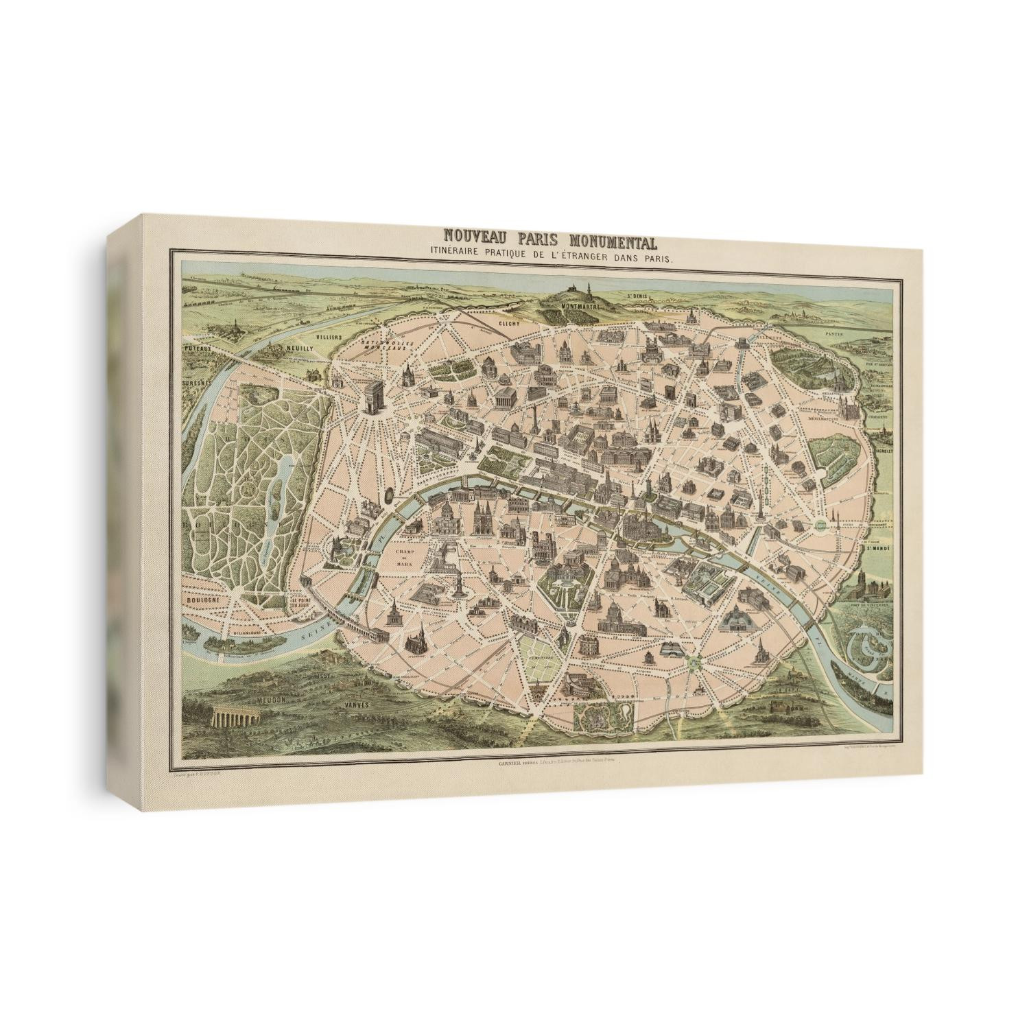 Old map of Paris, France from c1860 by Garnier.