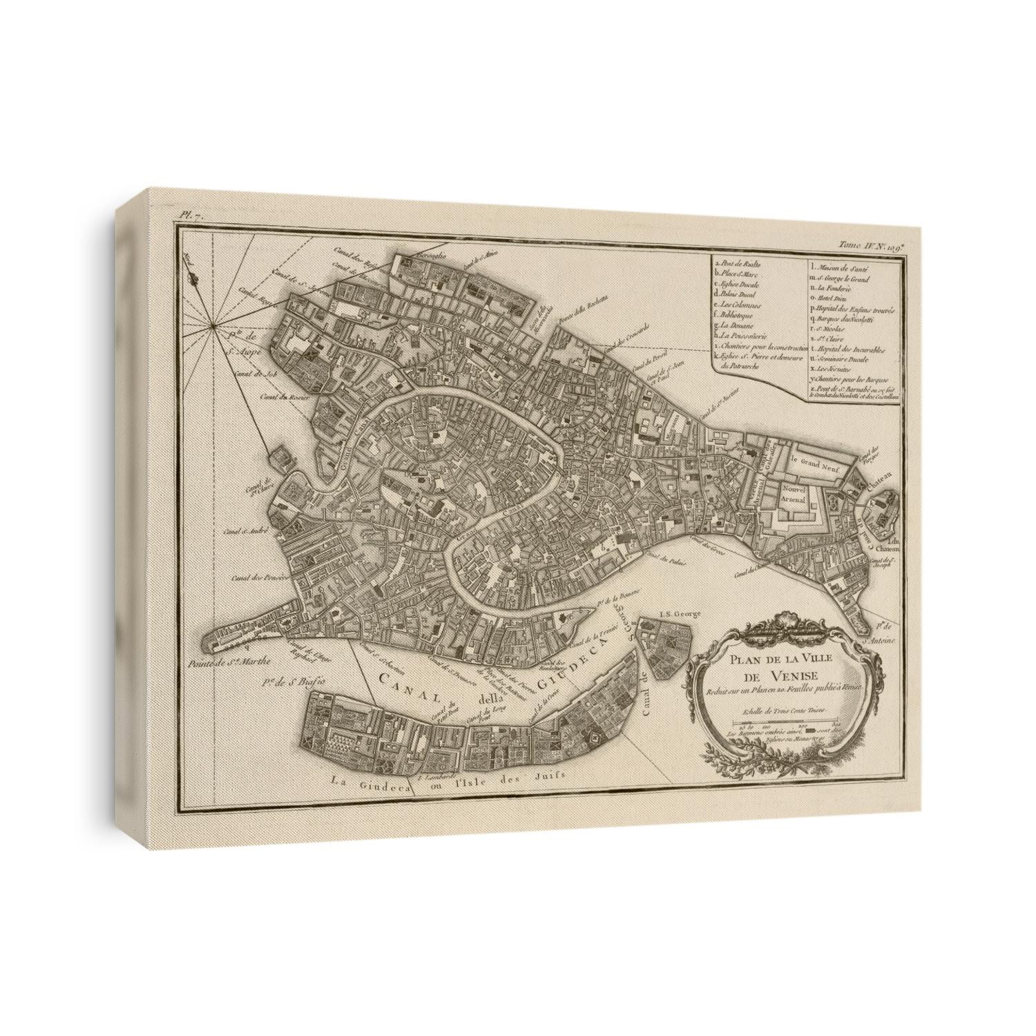 Old map of Venice, Italy from 1764 by Jacques Nicolas Bellin.