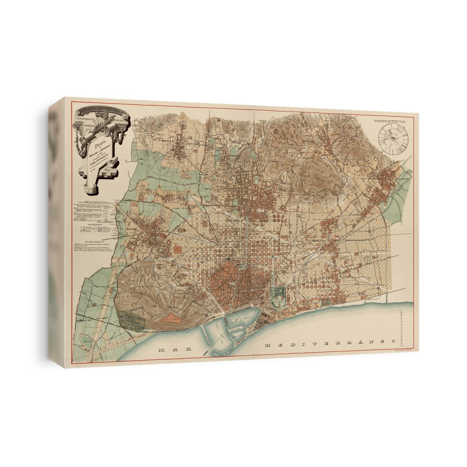 Old map of Barcelona, Spain from 1891 by D. J. M. Serra.