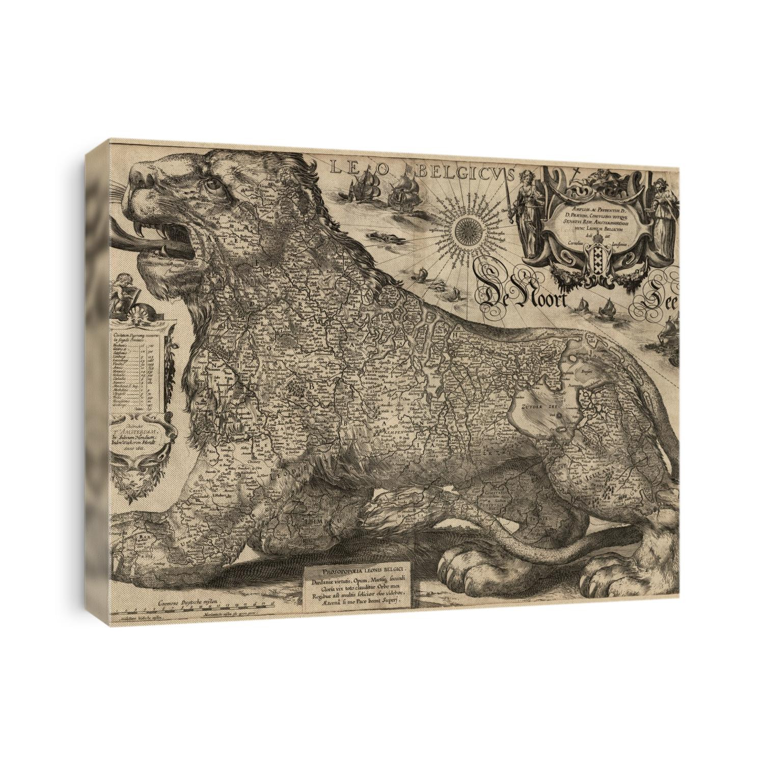 Old map of Belgium and the Netherlands from 1611 by Jodocus Hondius.