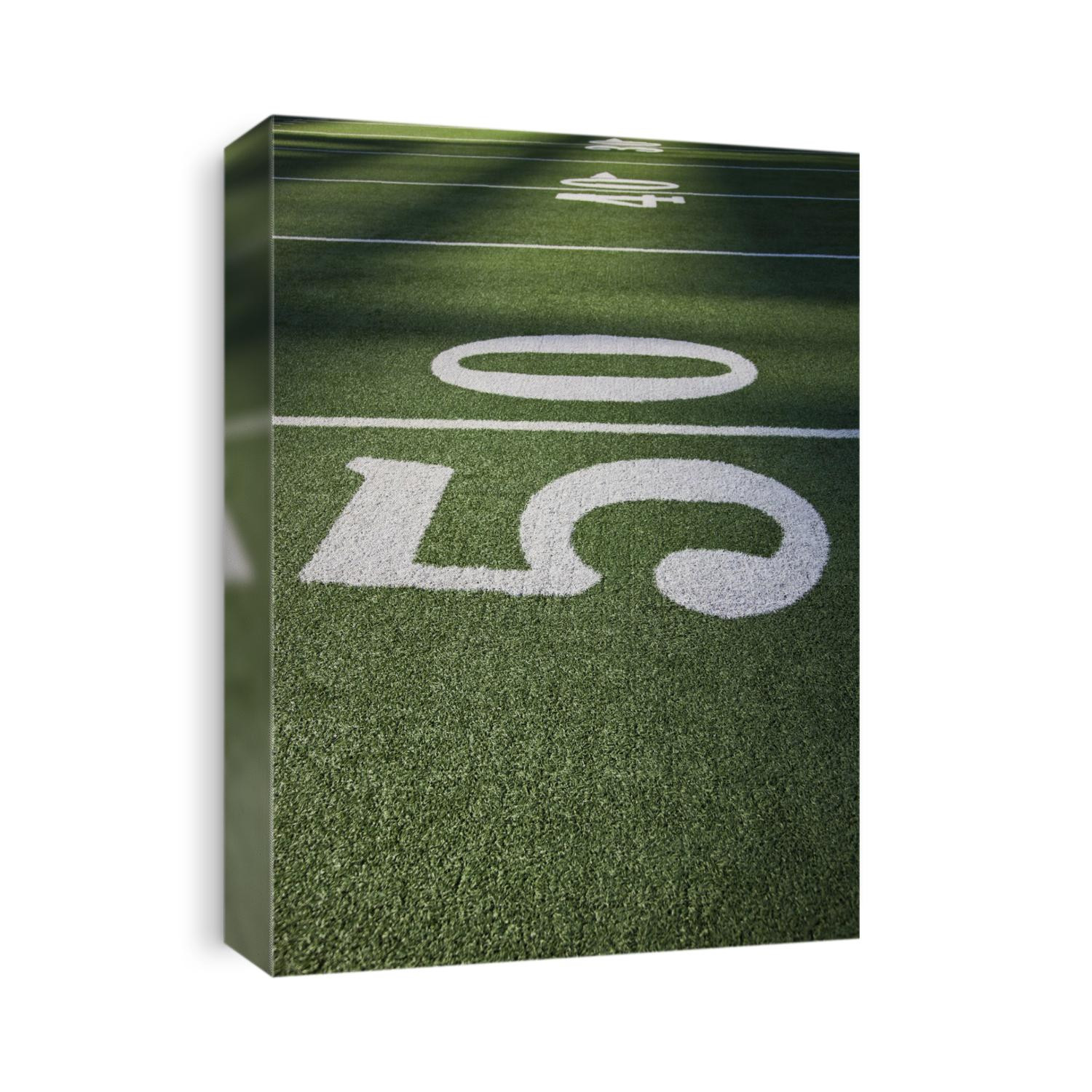 50 yard line marker in American Football stadium.