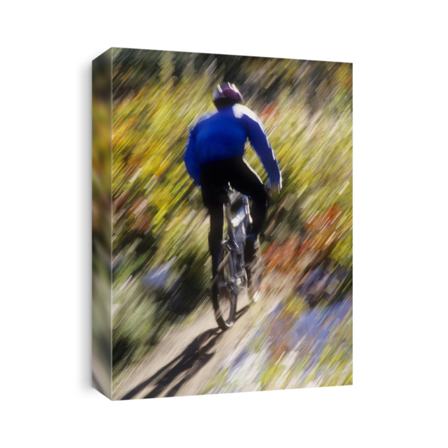 Blurred action of recreational mountain biker riding on the trails.