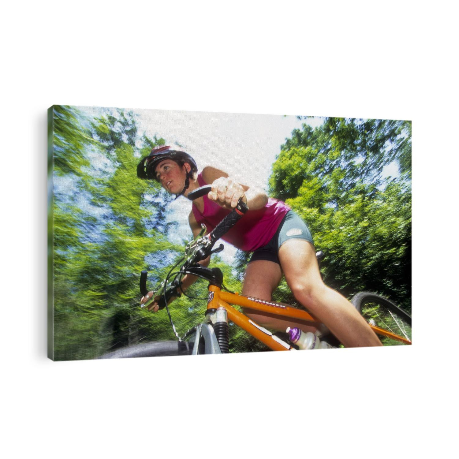 Young female recreational mountain biker riding in the forest.