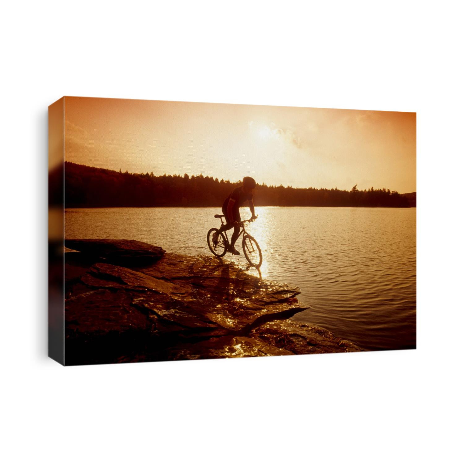 Silhouette of mountain biker at sunset.