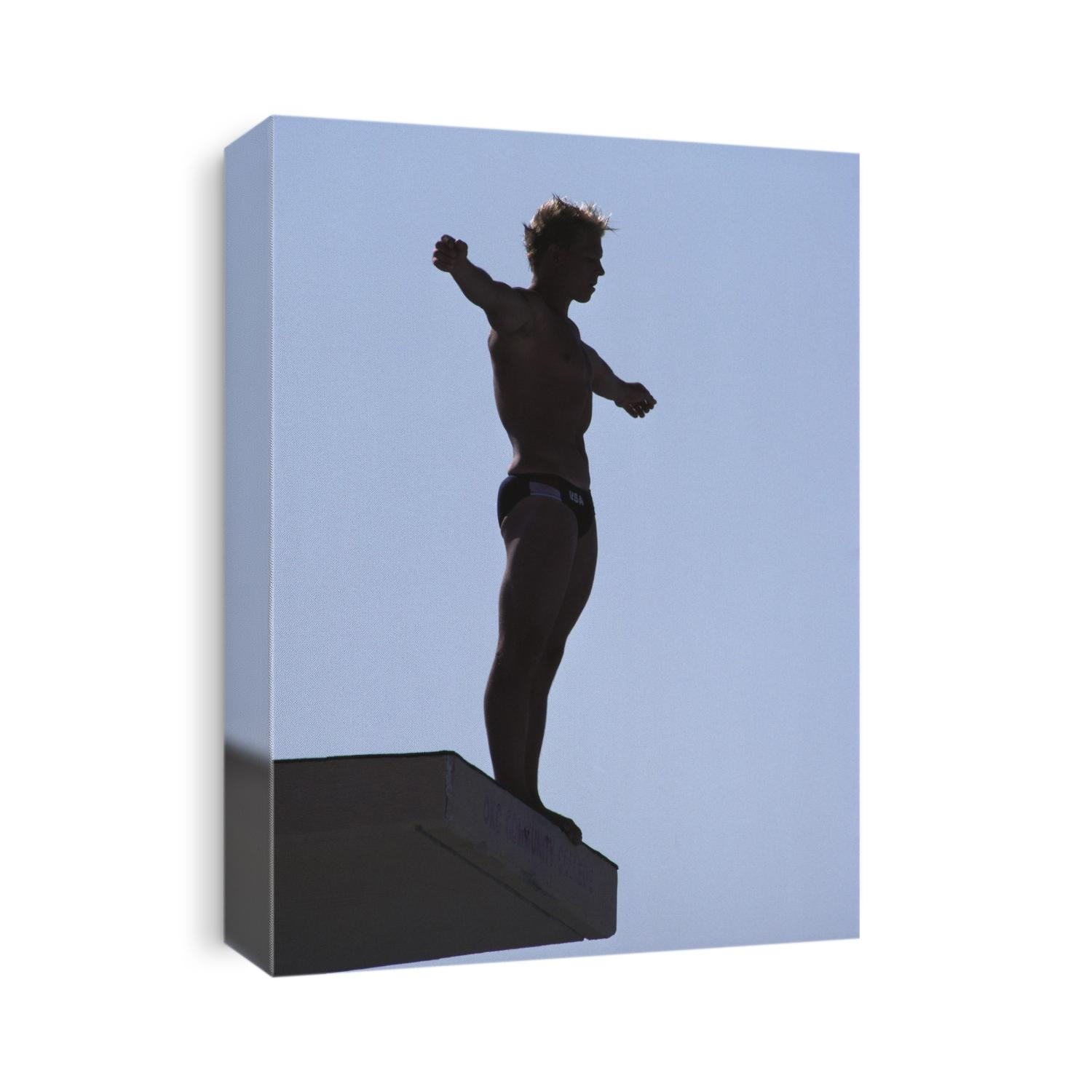 Silhouette of male diver on platform.