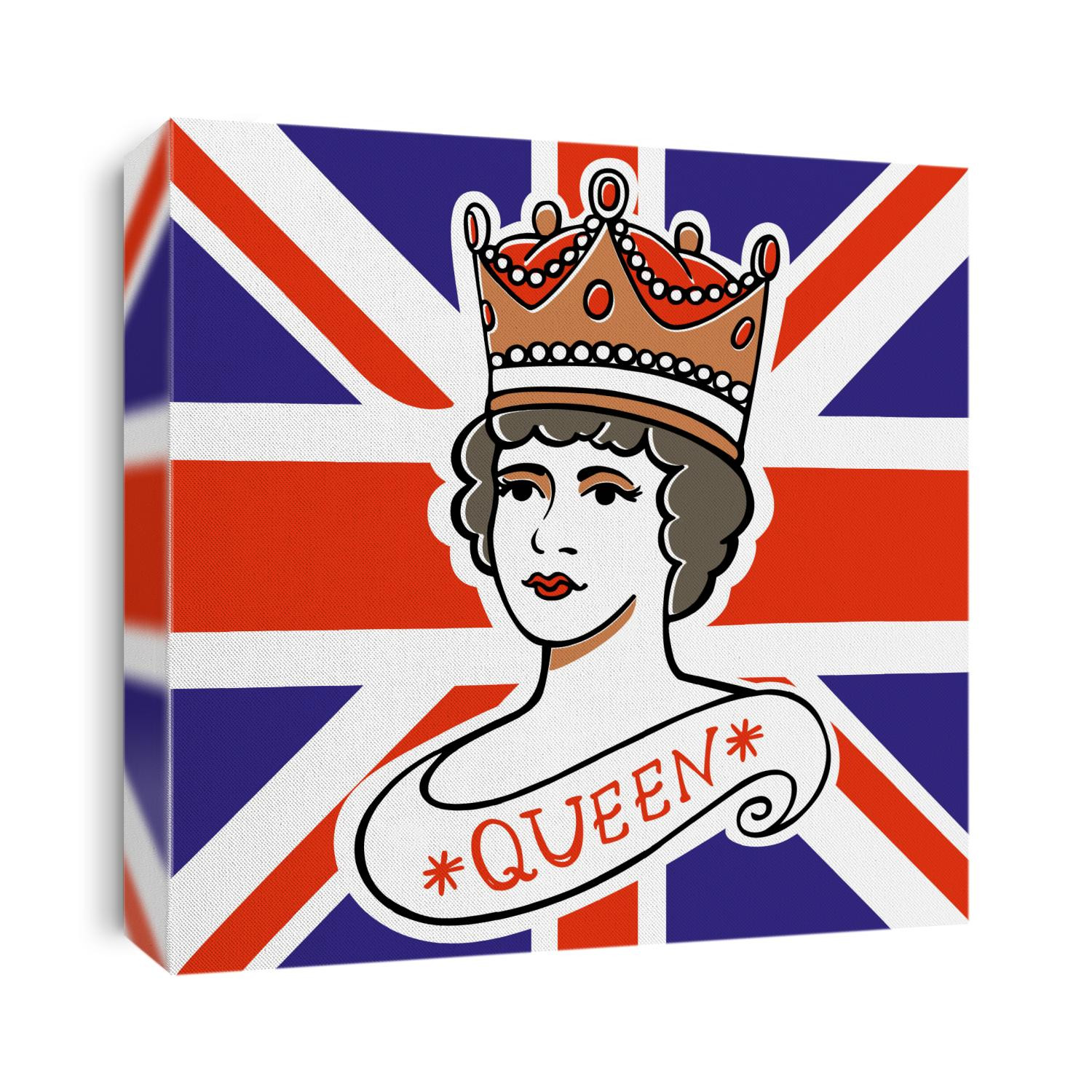 The portrait of Queen of the UK, Canada, Australia, and New Zealand on flag background vector illustration. Illustration can be used for the design of souvenirs, notebooks, posters, postcards, etc.