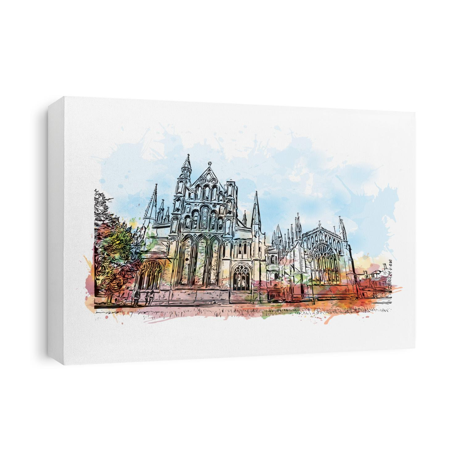 Buildings view of Cambridge City in England, UK. Watercolor splash with Hand drawn sketch illustration in vector.