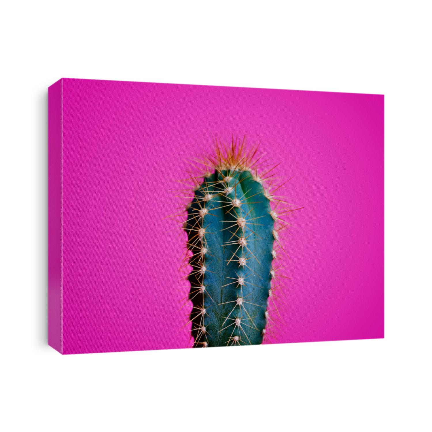 Trendy neon cactus closeup over bright pink pastel background. Colorful summer trendy creative concept. Minimal contemporary pop art. Funky succulent houseplant still life.