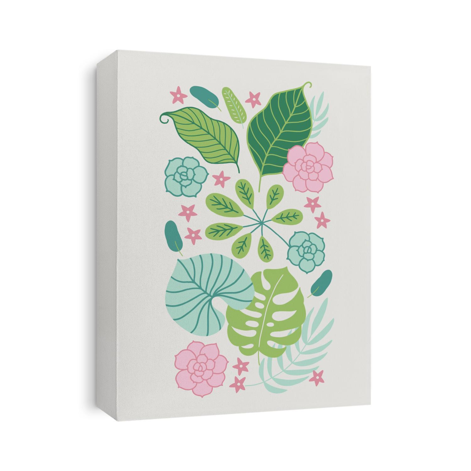 Tropical greeting card with succulent, flowers, monstera, schefflera and jungle leaves on green background. Rectangle floral poster. Perfect for summer holidays. Vector illustration 