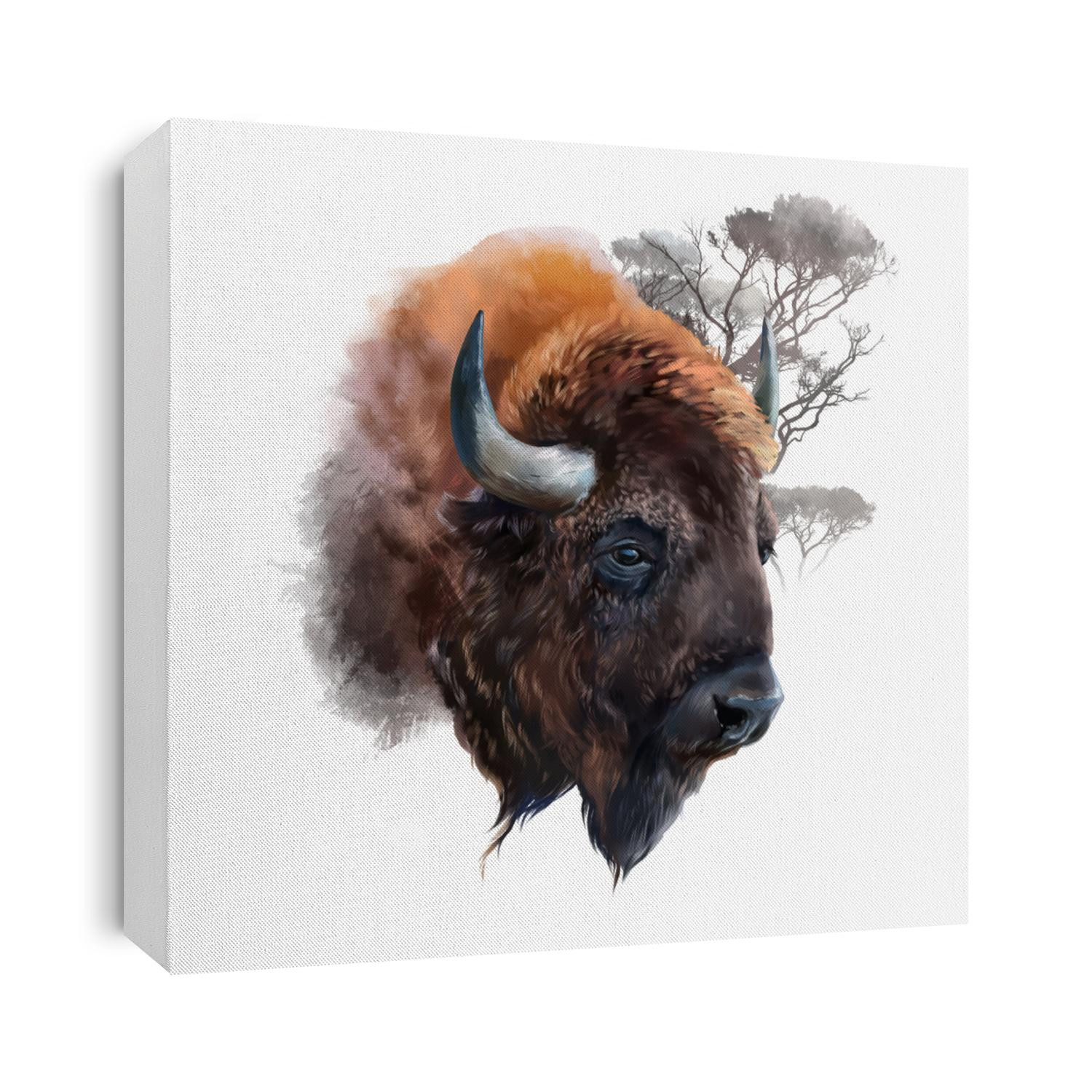 The head of a European bison. Watercolor illustration
