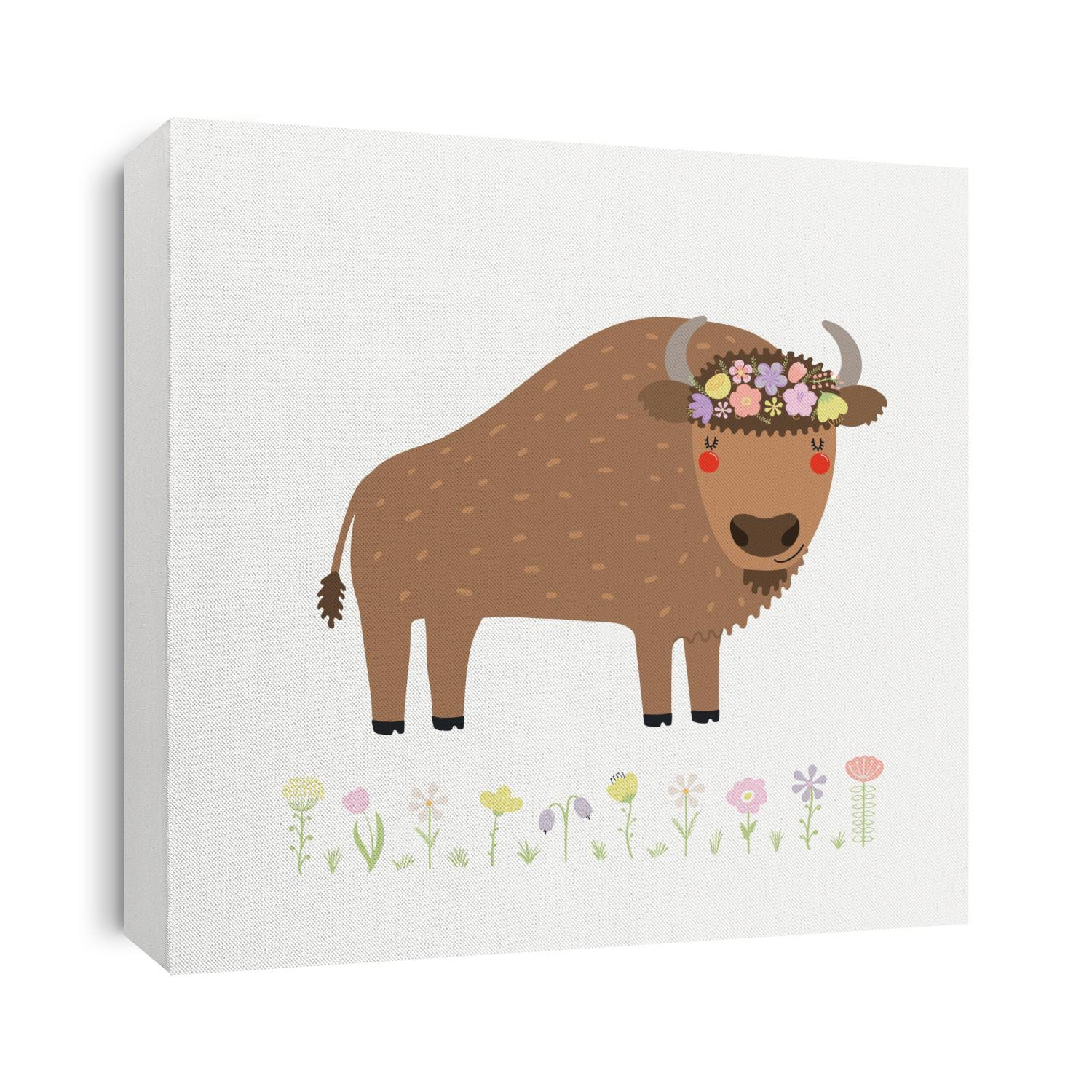Cute funny bison in flower wreath, isolated on white. Hand drawn wild animal vector illustration. Scandinavian style woodland. Flat design. Concept for kids fashion, textile print, poster, card