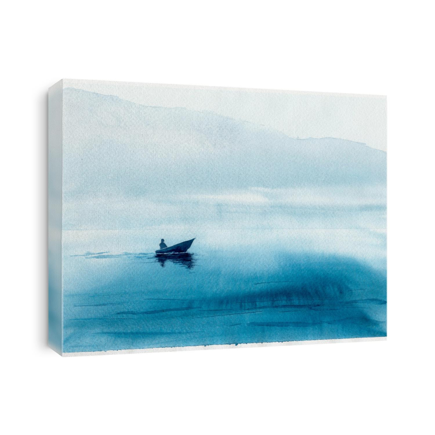 Watercolor illustration with sea, boat and fisherman. Hand drawn picture about fishing, foggy morning, seaside landscape. Blue painted background and wallpaper. Postcard in watercolor style.