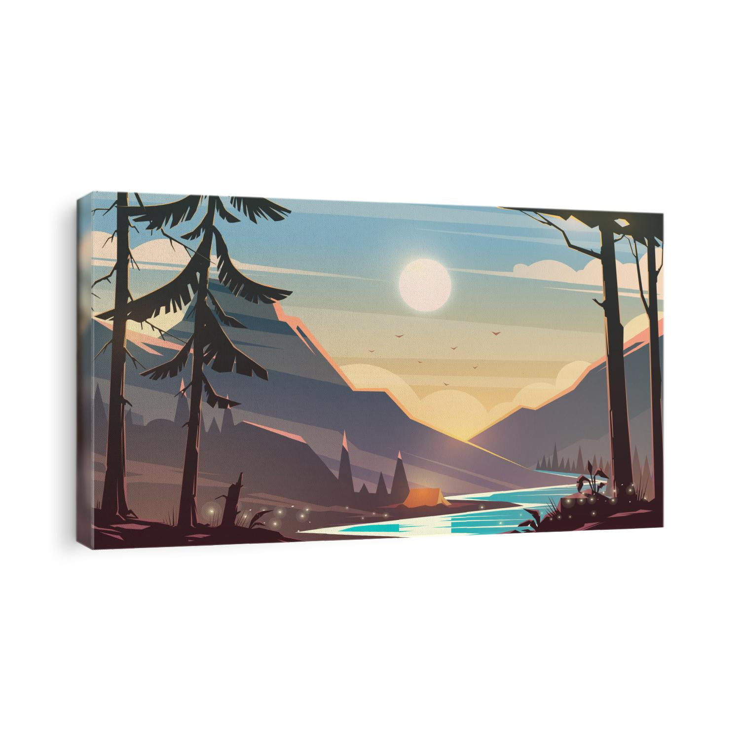 Unbelievable mountain landscape. Modern vector illustration concept. Exciting view. A great mountains is surrounded river. Camping. Outdoor recreation. Sunset.