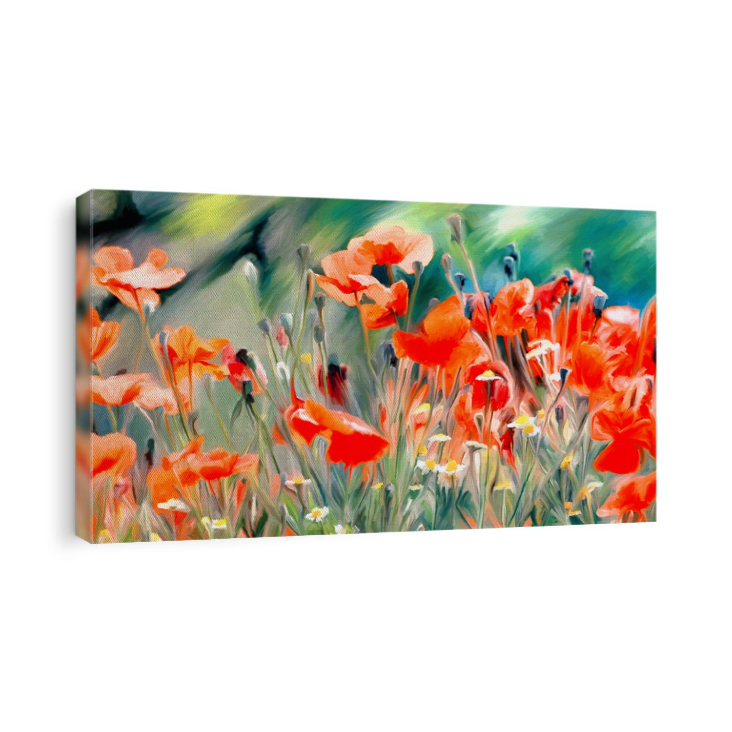watercolor paint of spring field full with red poppies and wild flowers 