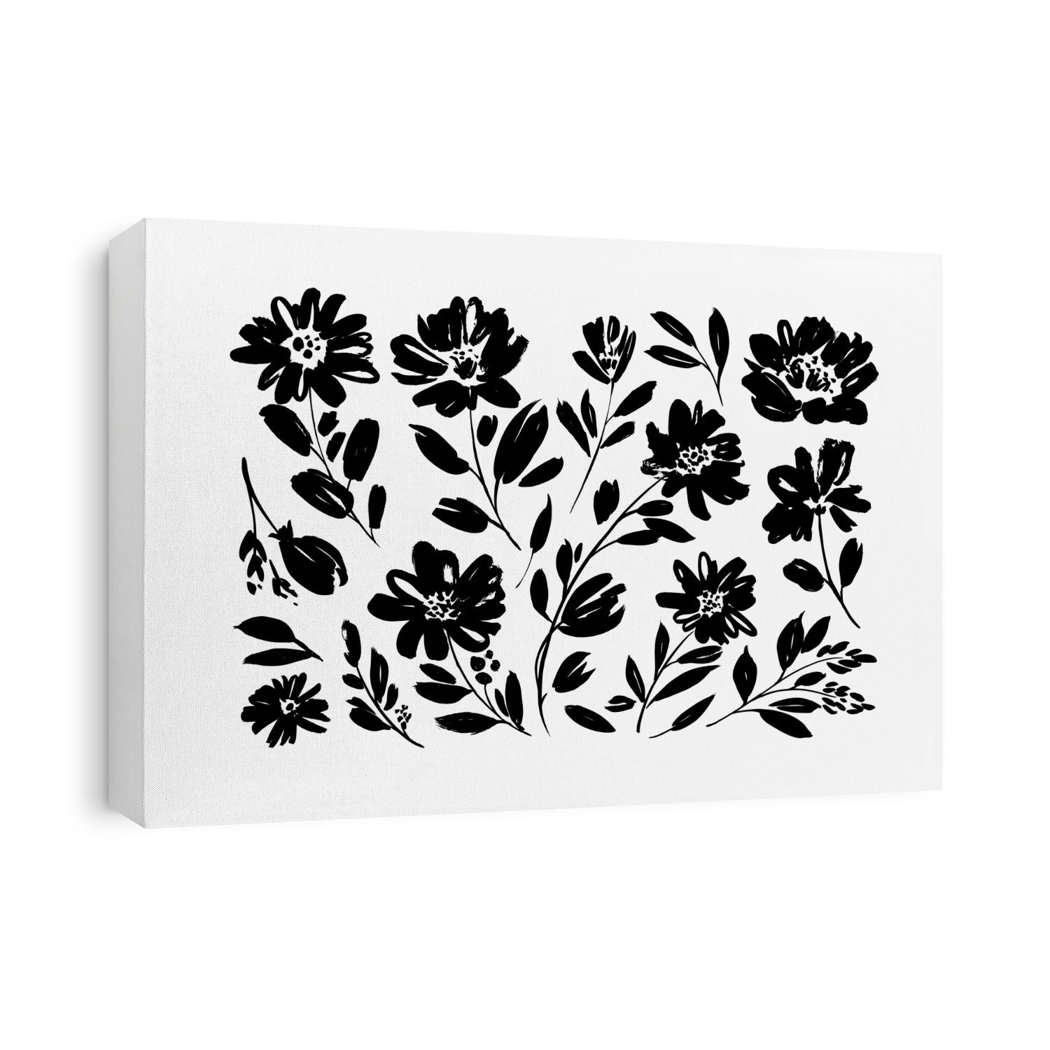 Spring flowers hand drawn vector set. Black brush flower silhouettes. Ink drawing wild plants, herbs or flowers, monochrome botanical illustration. Anemones, peonies, chrysanthemums isolated cliparts.