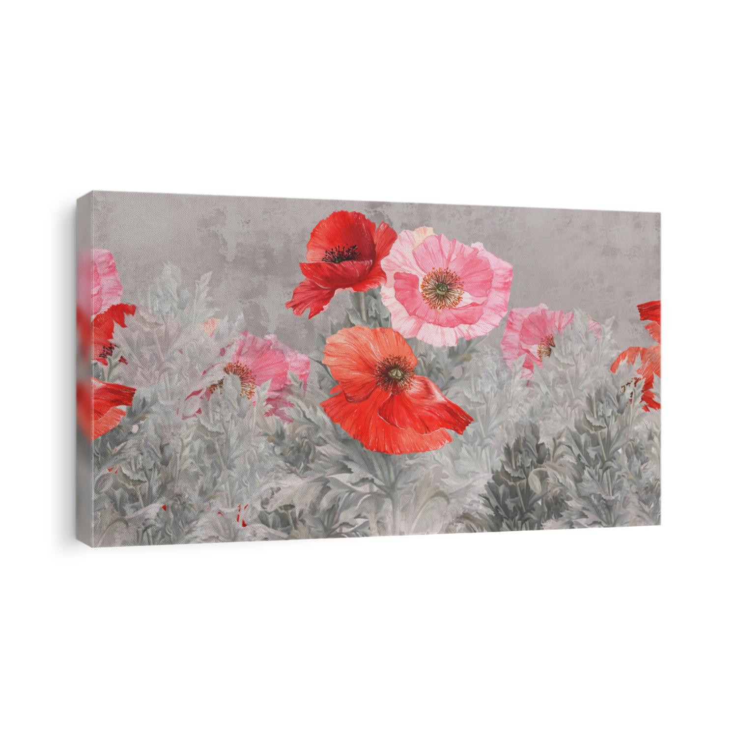Poppies flowers illustration. Poppies painted on the grunge wall. Beautiful design for postcard, picture, mural, wallpaper, photo wallpaper.