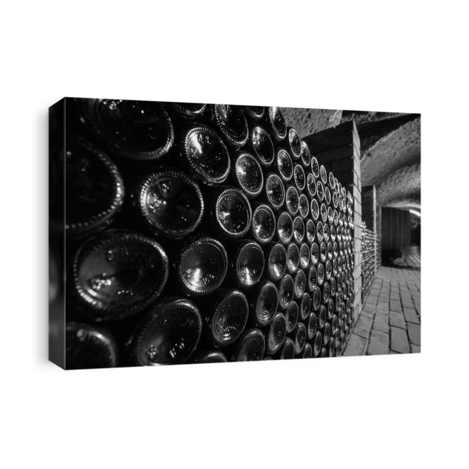 Black and white. Small wine cellar. The lot of glass bottles on the shelves. Storage and production. warehouse.