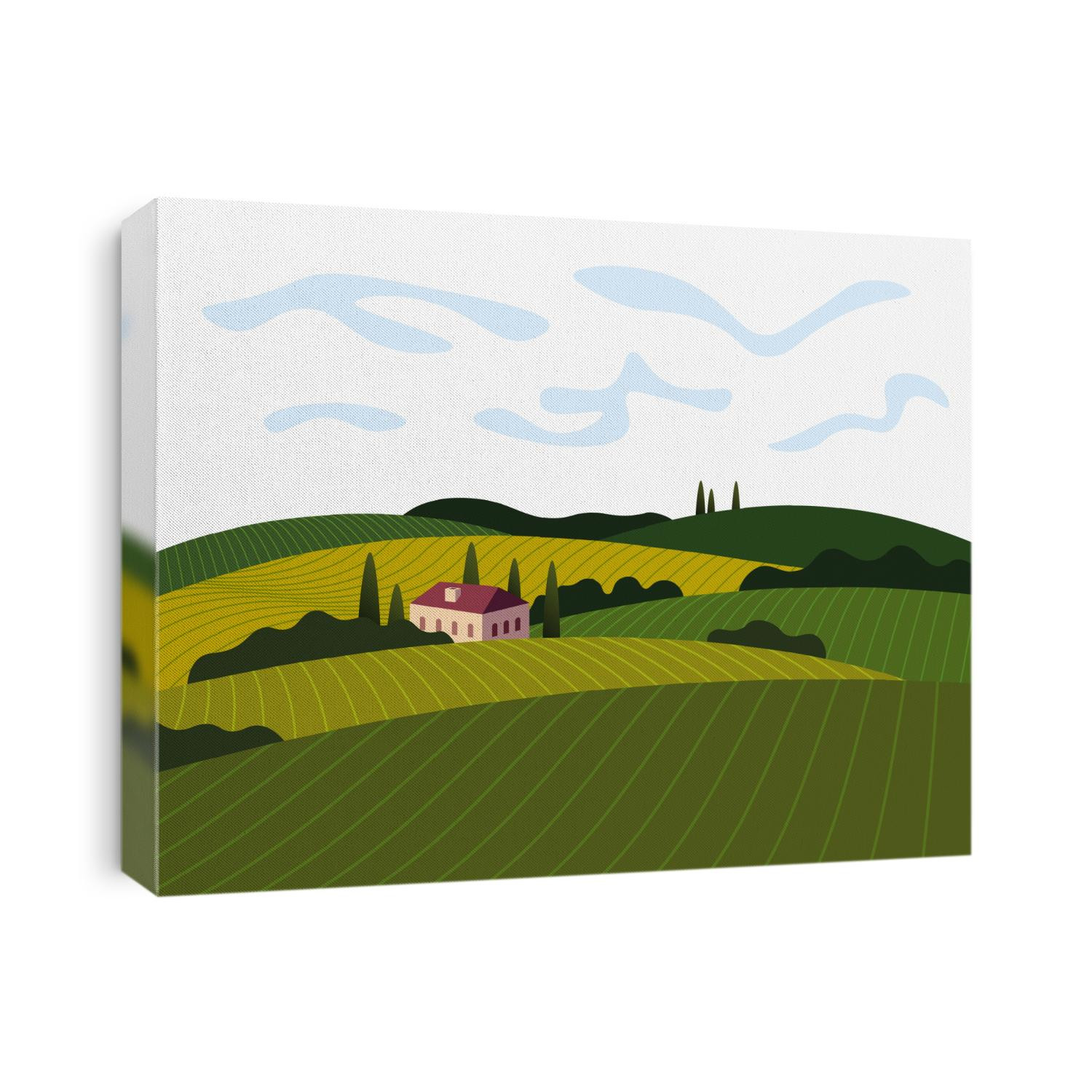 Vineyard wine grapes hills farm poster concept. Romantic rural landscape in sunny day with villa, vineyard fields, plantation hills, farms, meadows and trees. Vector color banner illustration