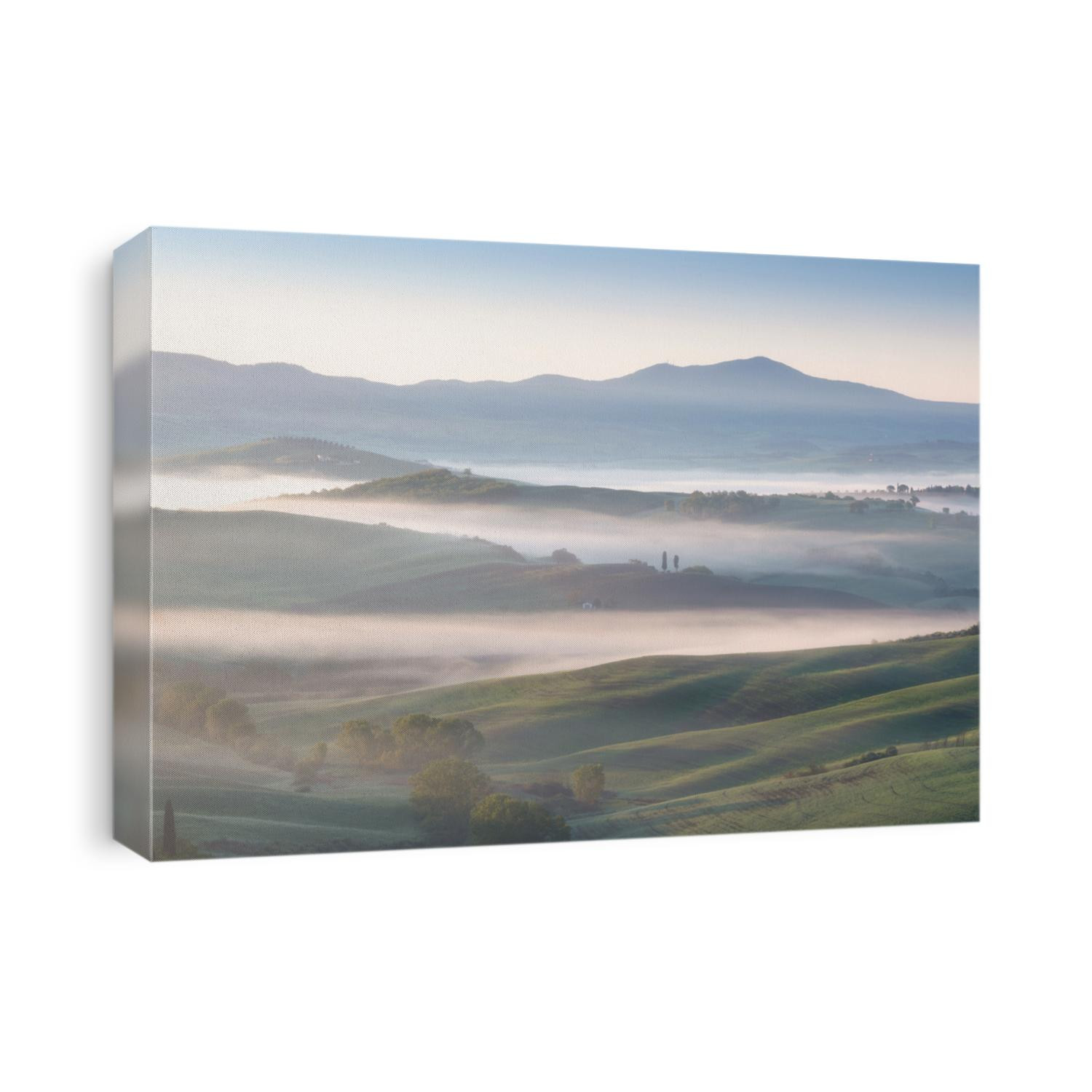 Beautiful colors of green spring panorama landscape of Tuscany. Most popular place in Italy.
Green fields and blue sky and Cypress tree scenic road near Siena.
Amazing foggy morning with sunshine