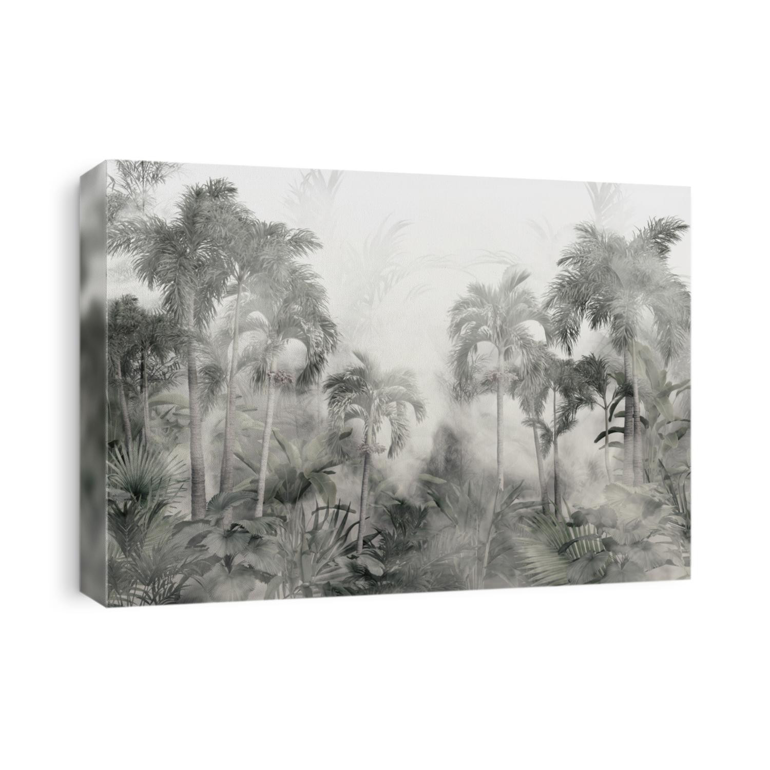 tropical trees and leaves wallpaper design in foggy forest - 3D illustration