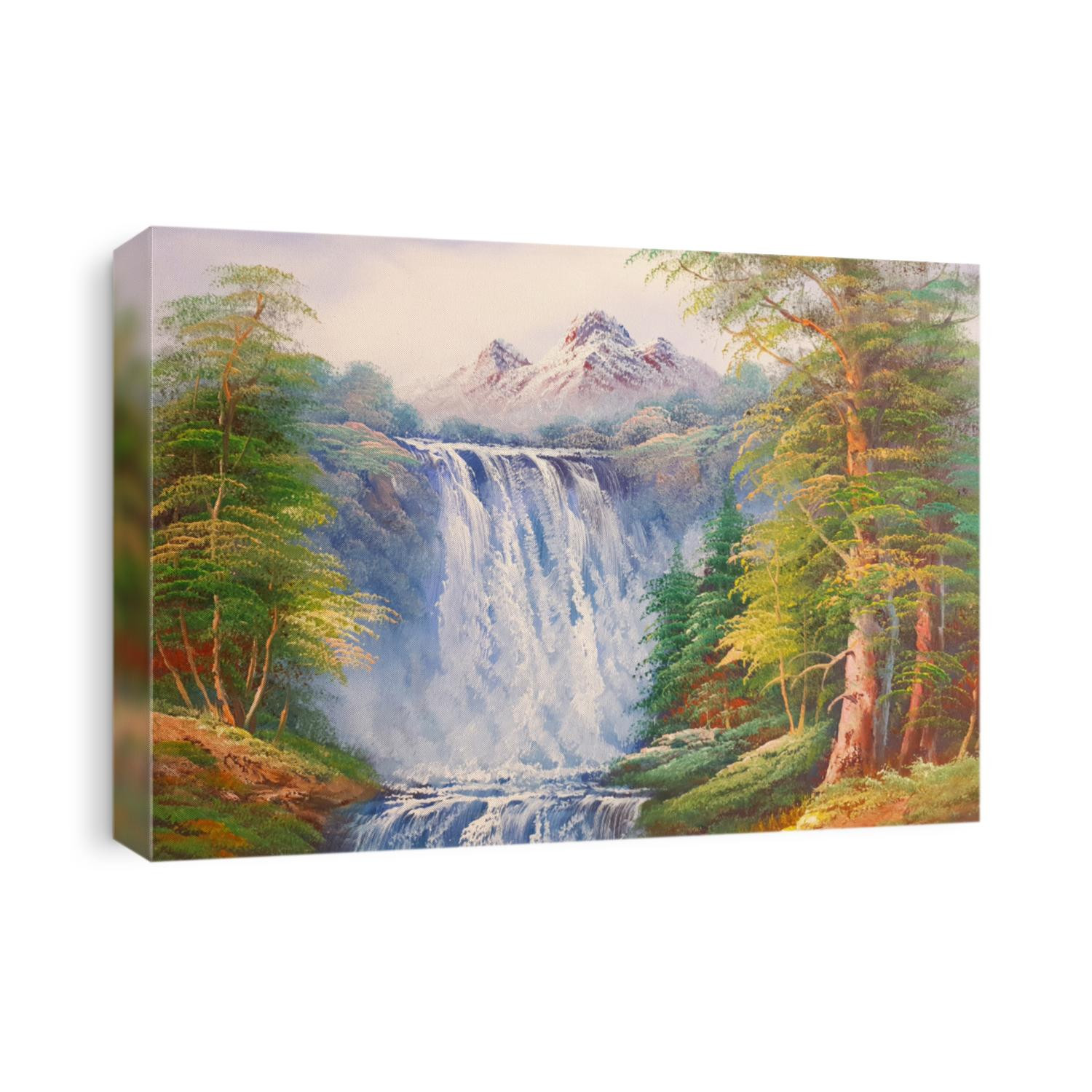 Mountain Waterfalls Oil Painting on a canvas.