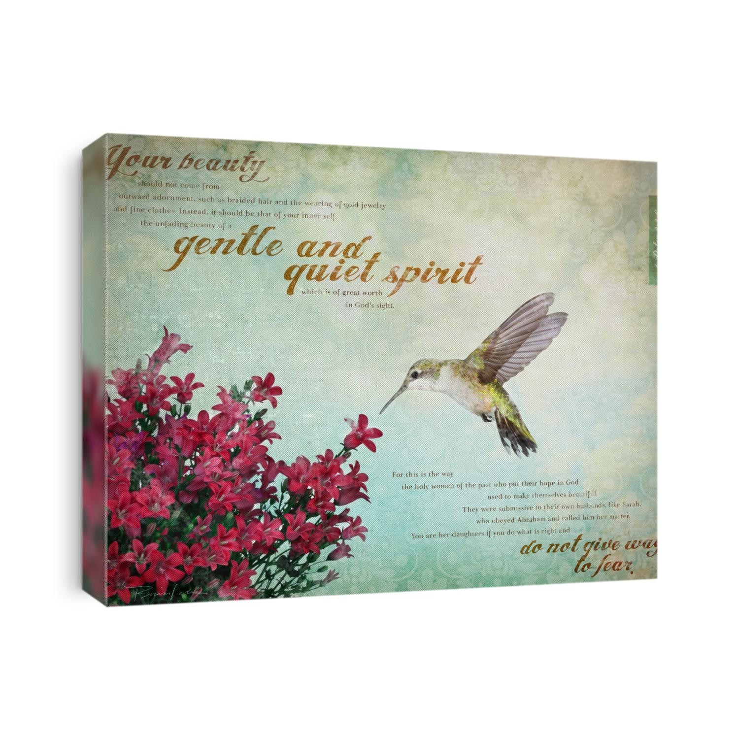 Vintage flowers and hummingbird against blue sky with 1 Peter 3:3-6