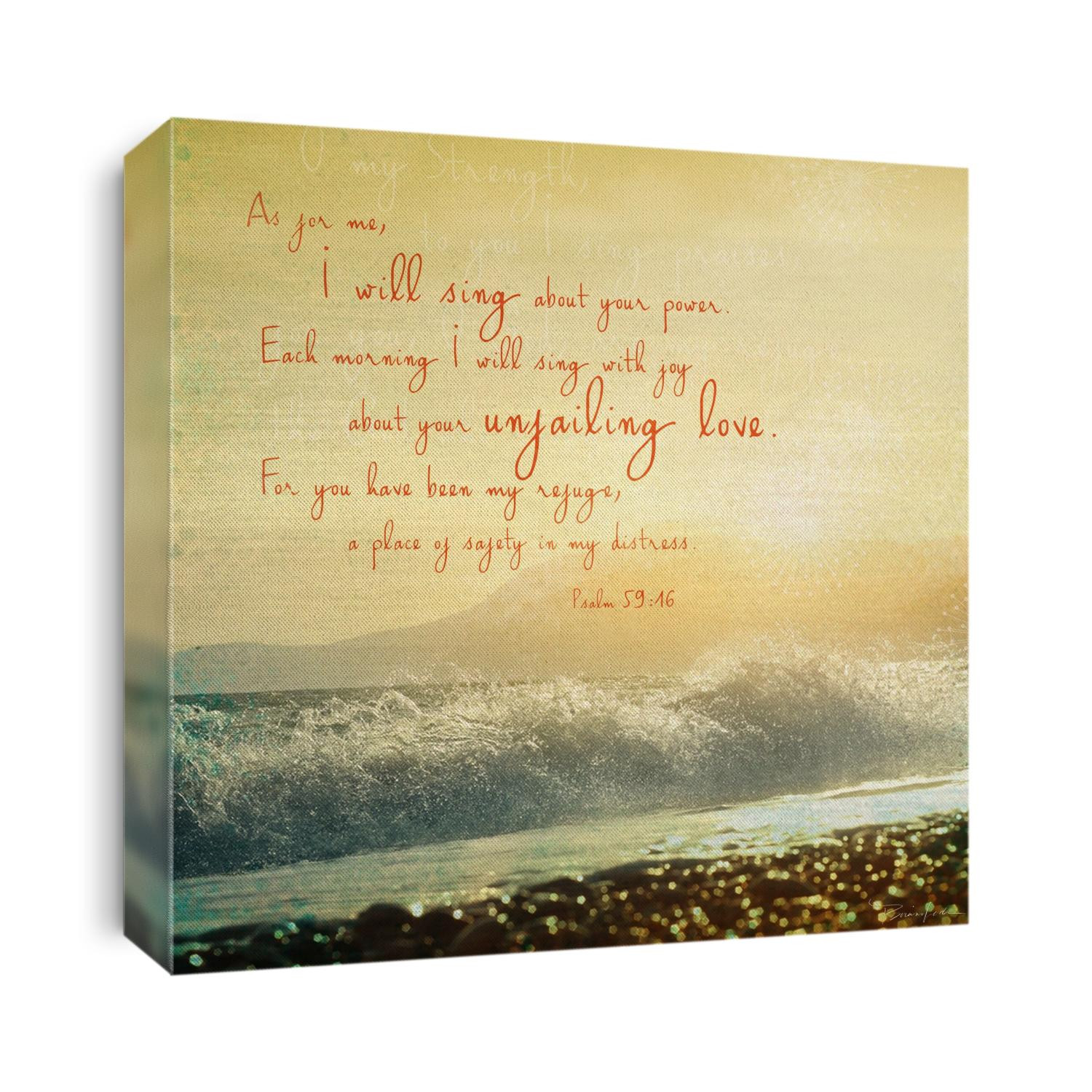 Vintage ocean waves at sunrise with mountains in the background and Psalm 59:16
