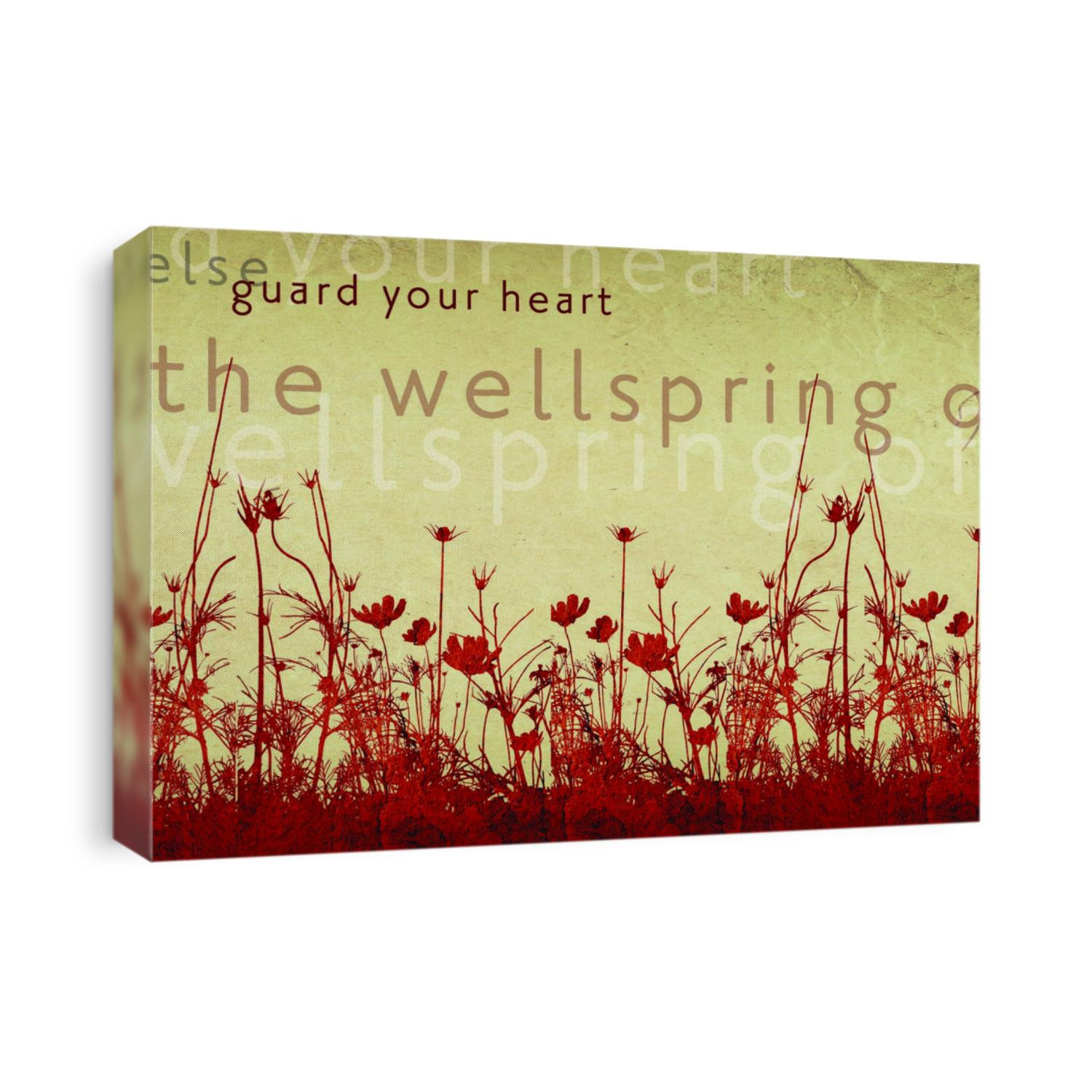 Vintage red wildflowers against antique paper background with Proverbs 4:23