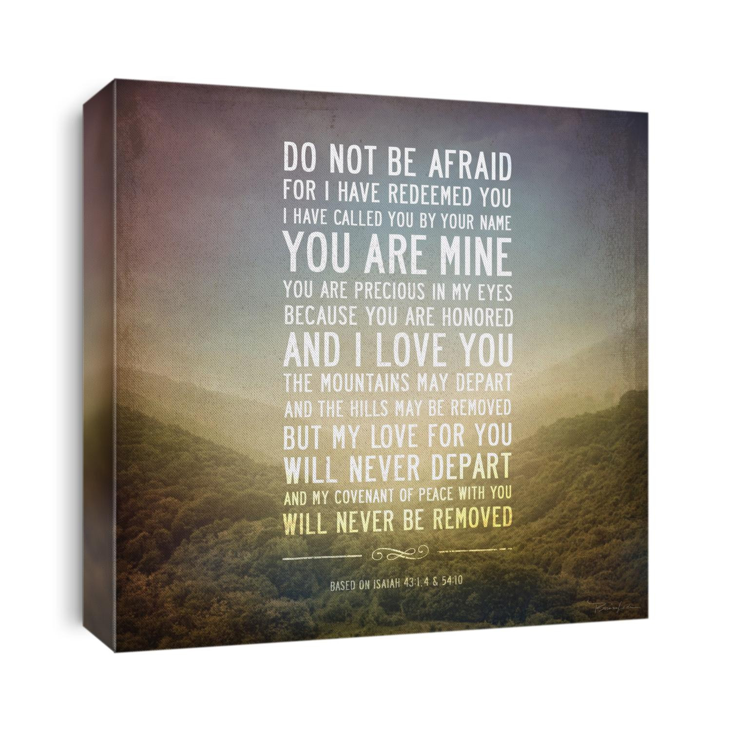 Vintage misty mountains at sunrise against purple sky with verses from Isaiah