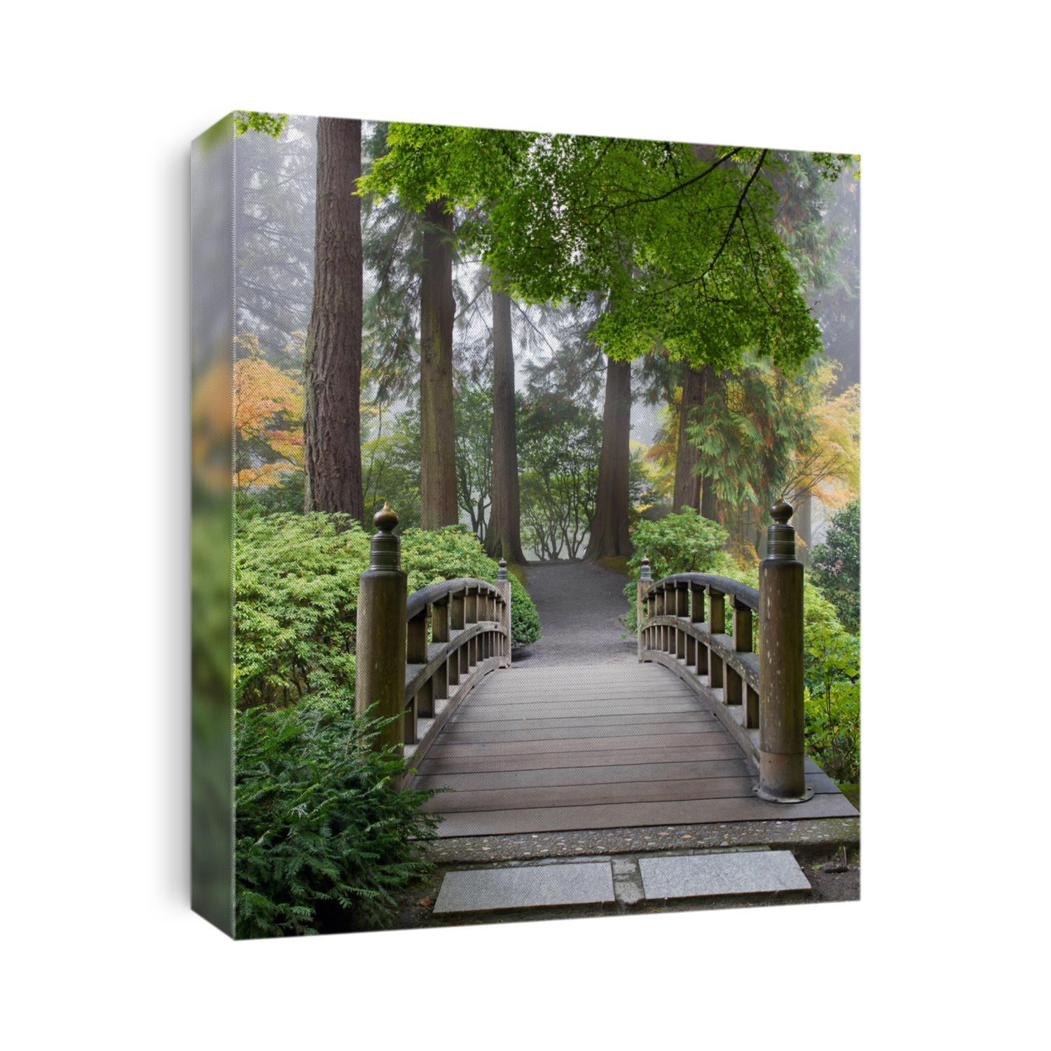 Foggy Morning by Wooden Foot Bridge at Japanese Garden in Autumn