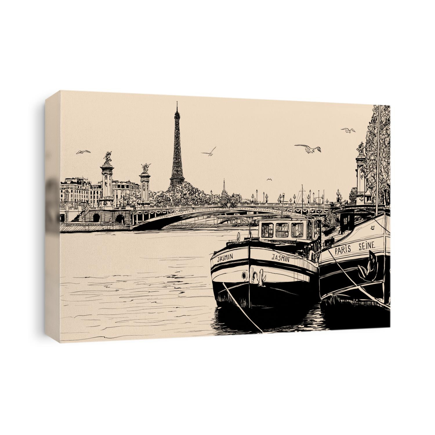 Vector illustration of a view of seine river in Paris with barges and Eiffel tower