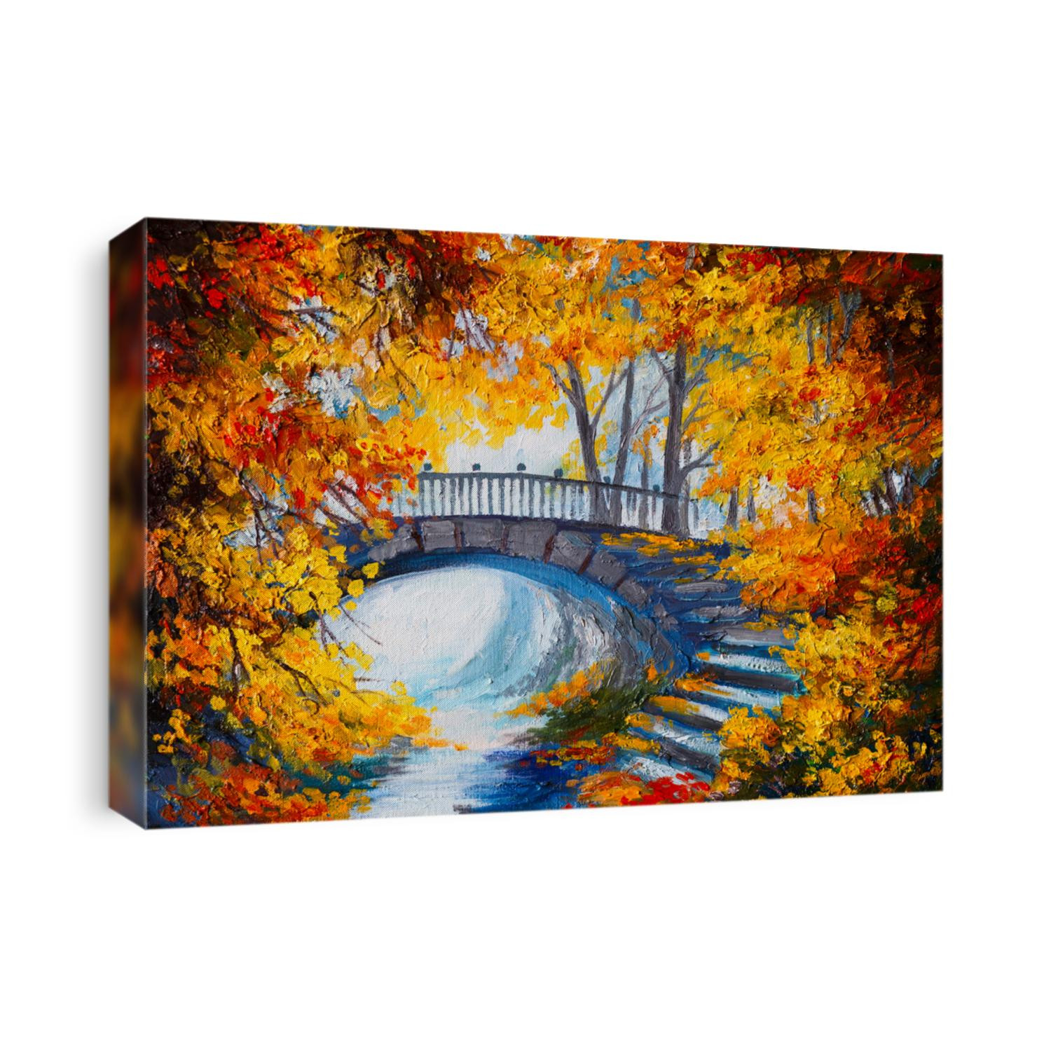 Oil Painting - autumn forest with a road and bridge over the road, bright red leaves 
