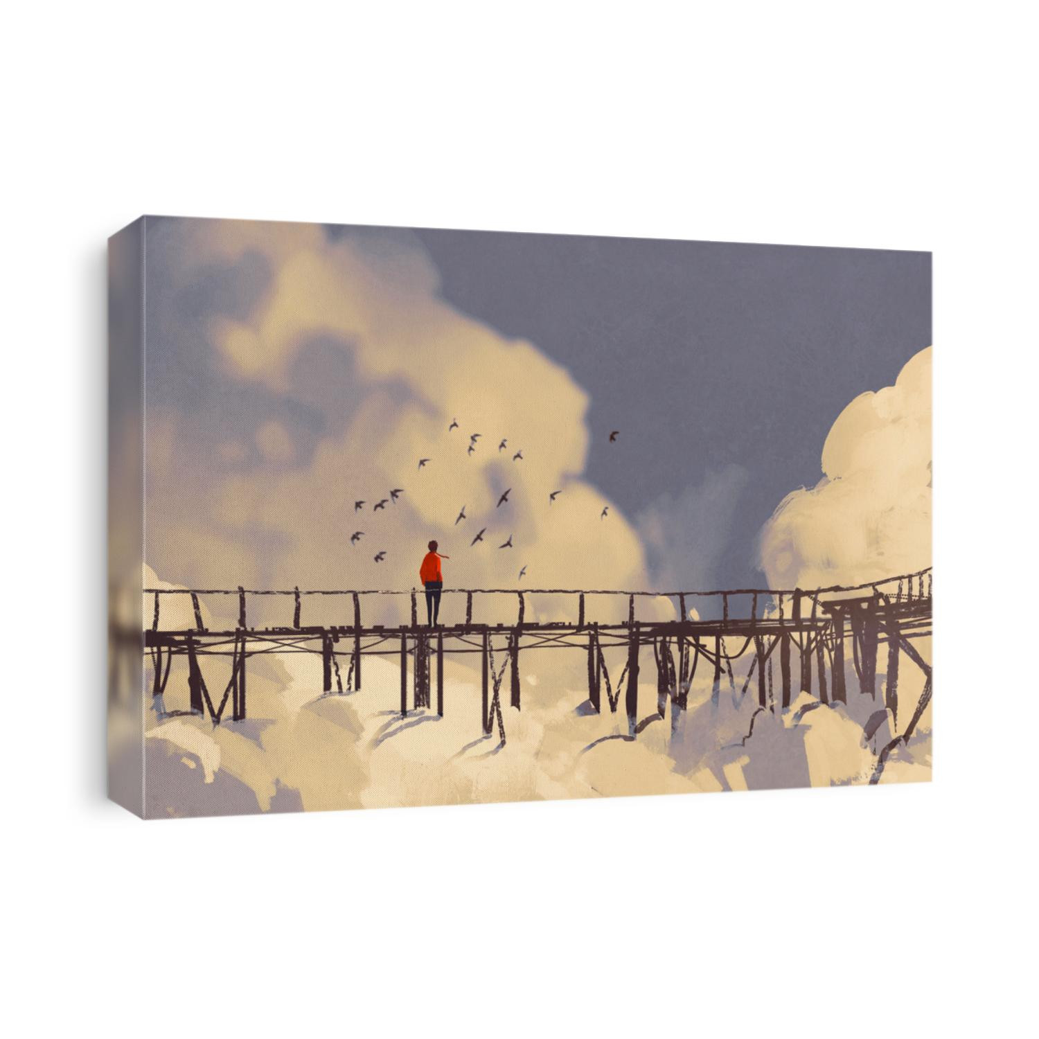 man standing on old bridge in clouds,illustration painting