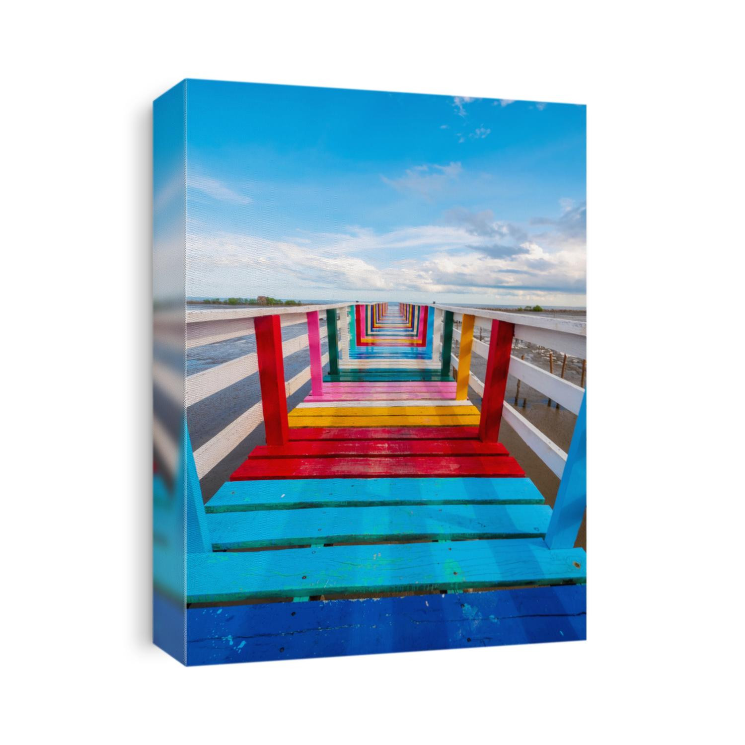 Rainbow Bridge and seaside bridge, bright colors, eye-catching contrast with the clear blue sky and a panoramic view of the sea