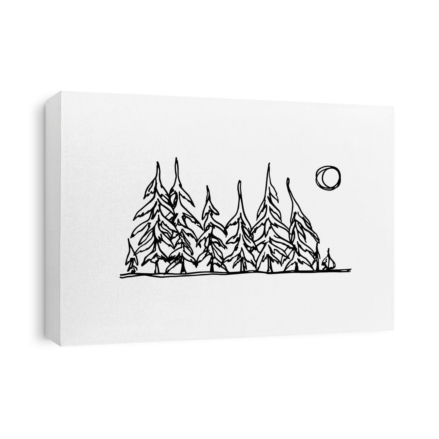Vector illustration of hand drawn forest landscape with spruce trees arranged in a line. Ink drawing, graphic style. Beautiful design elements.