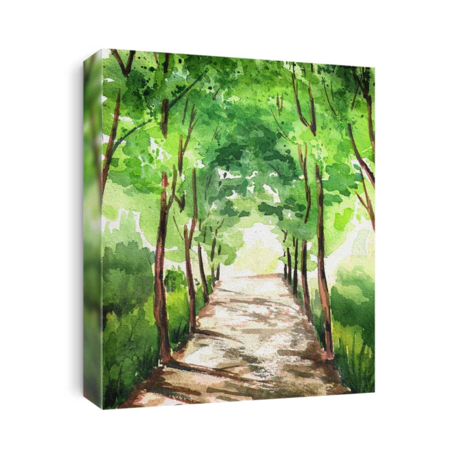 Alley of green trees, illuminated by the sun, with light at the end of the tunnel. Watercolor hand drawn vertical illustration
