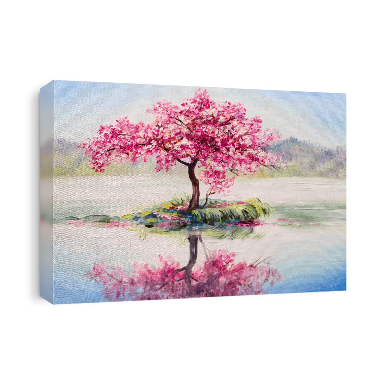 oil painting landscape, oriental cherry tree, sakura on the lake