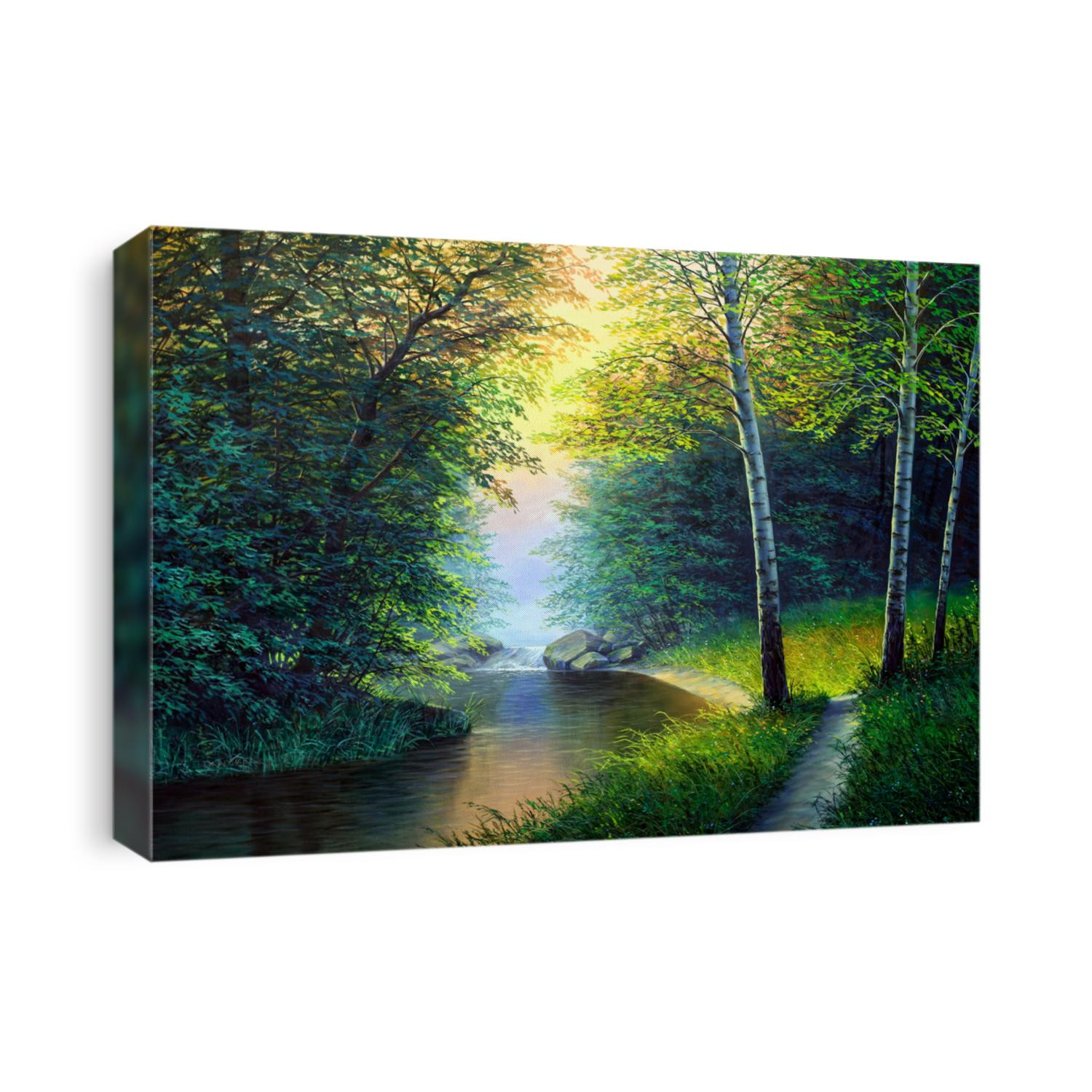 Oil painting landscape , colorful summer forest, beautiful river with a waterfall