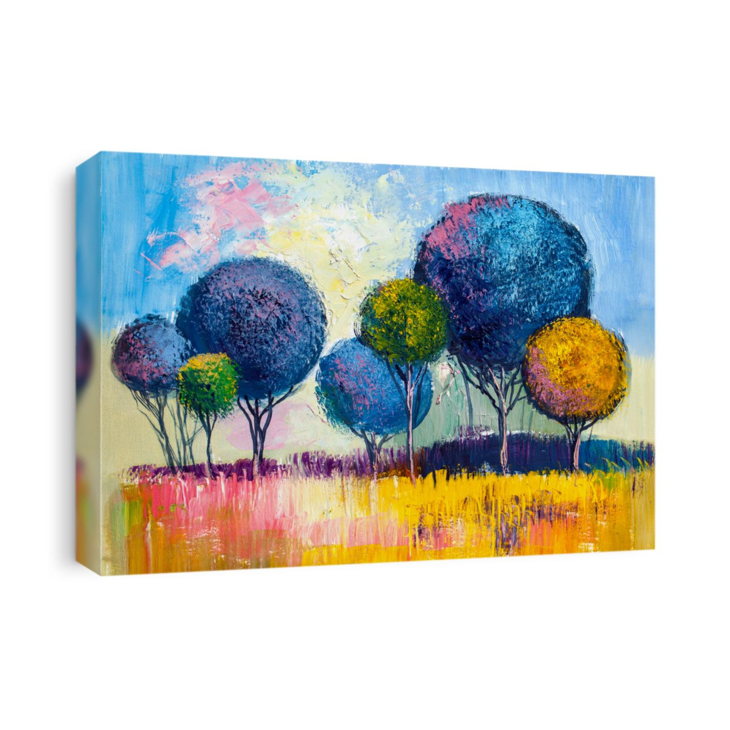 Oil painting landscape, colorful  trees.  Hand Painted Impressionist, outdoor landscape.