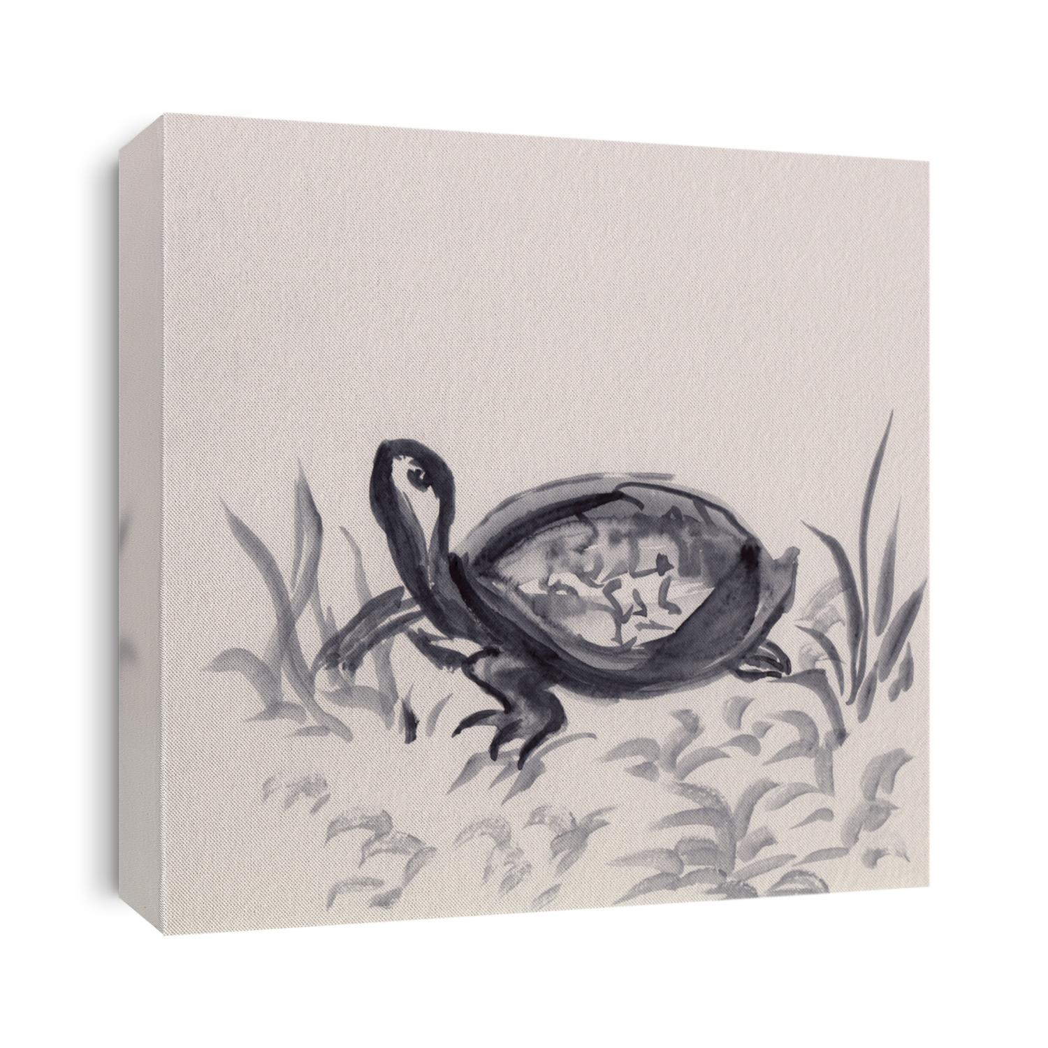 Watercolor painting with Turtle in Chinese Ink style. Abstract minimalist artwork on paper. `Oriental hand drawn landscape for relaxing, meditative background, poster. Asian brush monochrome art.