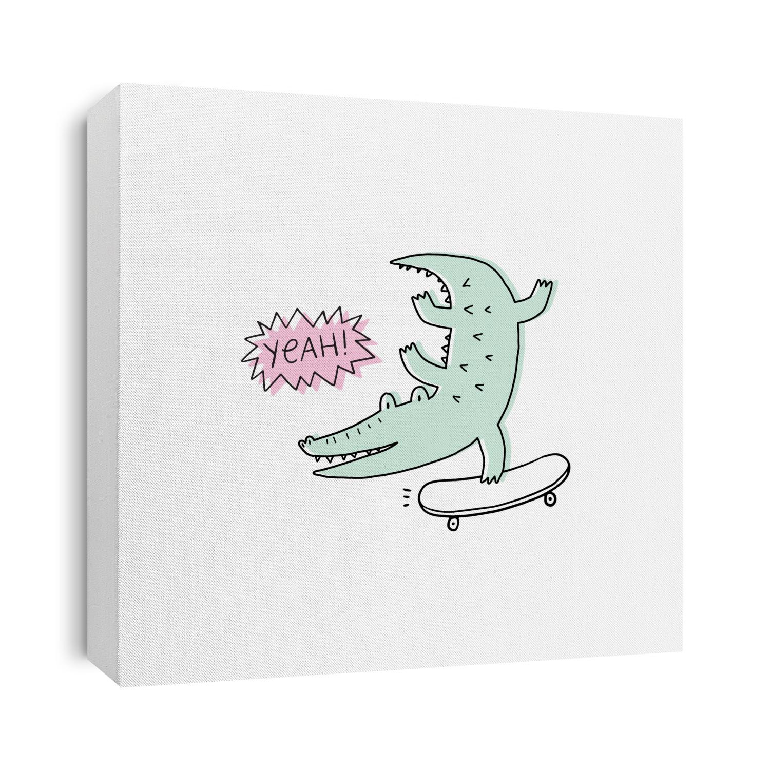Cute cartoon hand drawn crocodile. Vector illustration with character silhouette alligator. Crocodile on skateboard 
