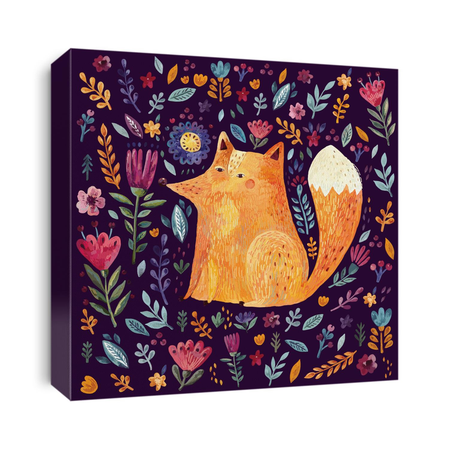 Amazing colorful Art vector Illustration with cute Fox and flowers for for design and decor. Impressionism style. Hand drawn vector pattern hand painted 