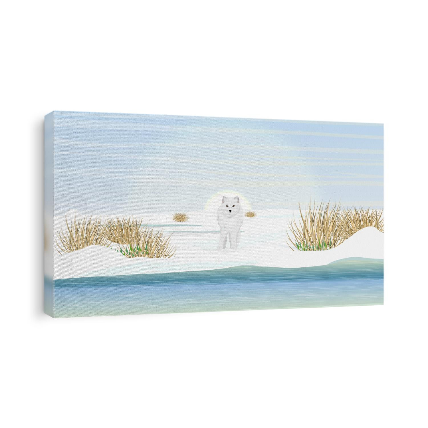 Arctic fox stands on the shore of a freezing shallow river. Arctic animal. Vulpes lagopus, white, polar or snow fox. Realistic vector landscape