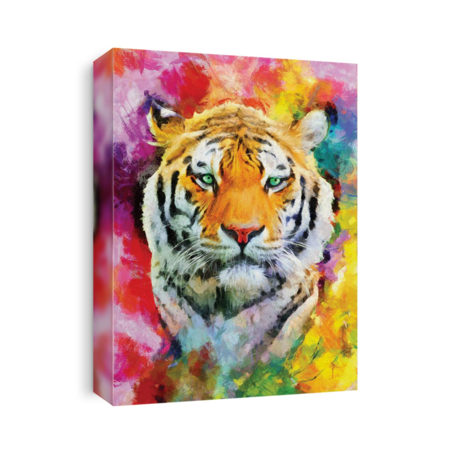 Realistic modern oil painting of tiger's face, canvas, colorful, art work