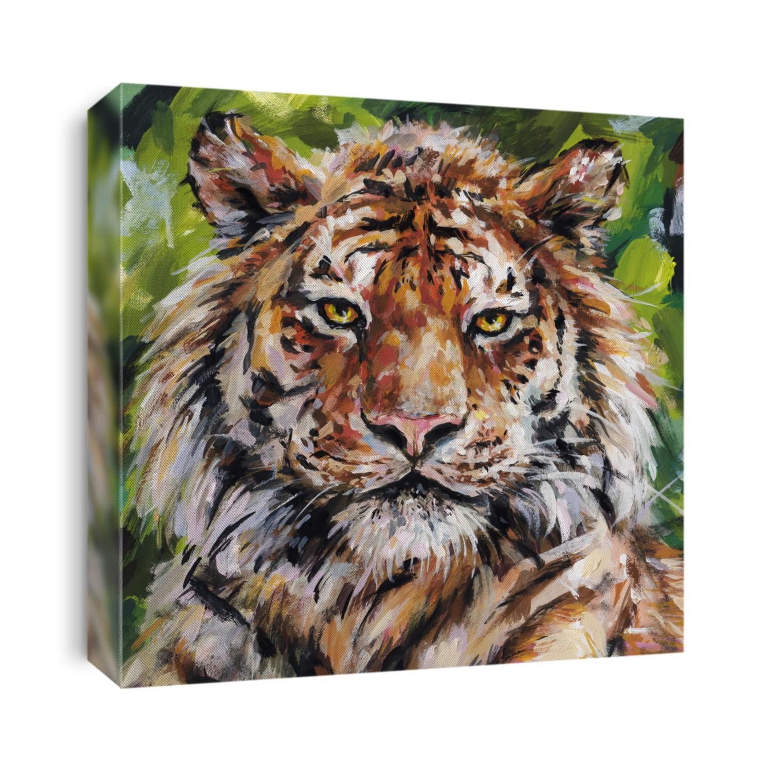 Bengal tiger muzzle closeup. Acrylic painting card for design and print. Animal hand draw contemporary artwork. Square surreal stylized postcard.